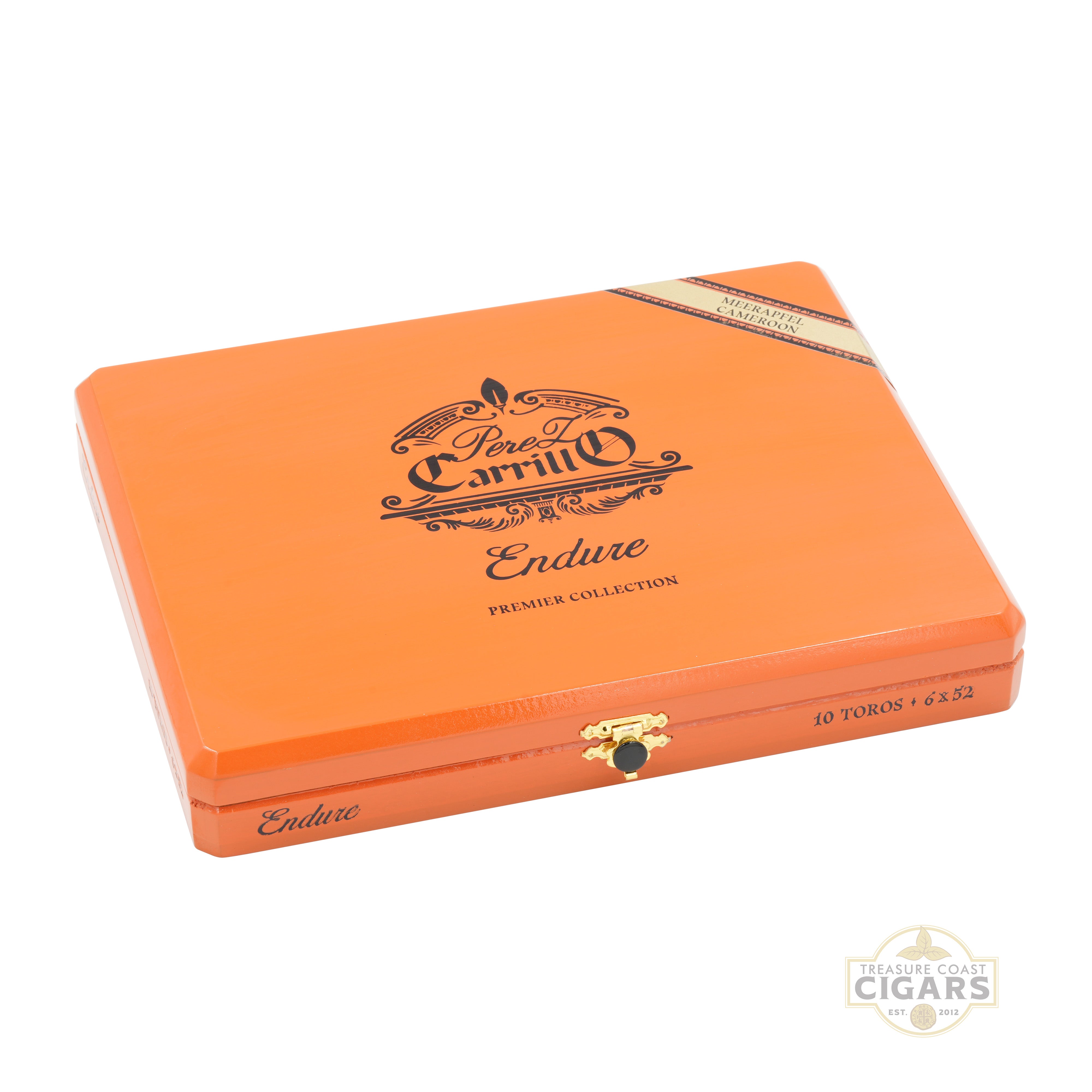 Orange cigar box with 'Endure' branding on a white background