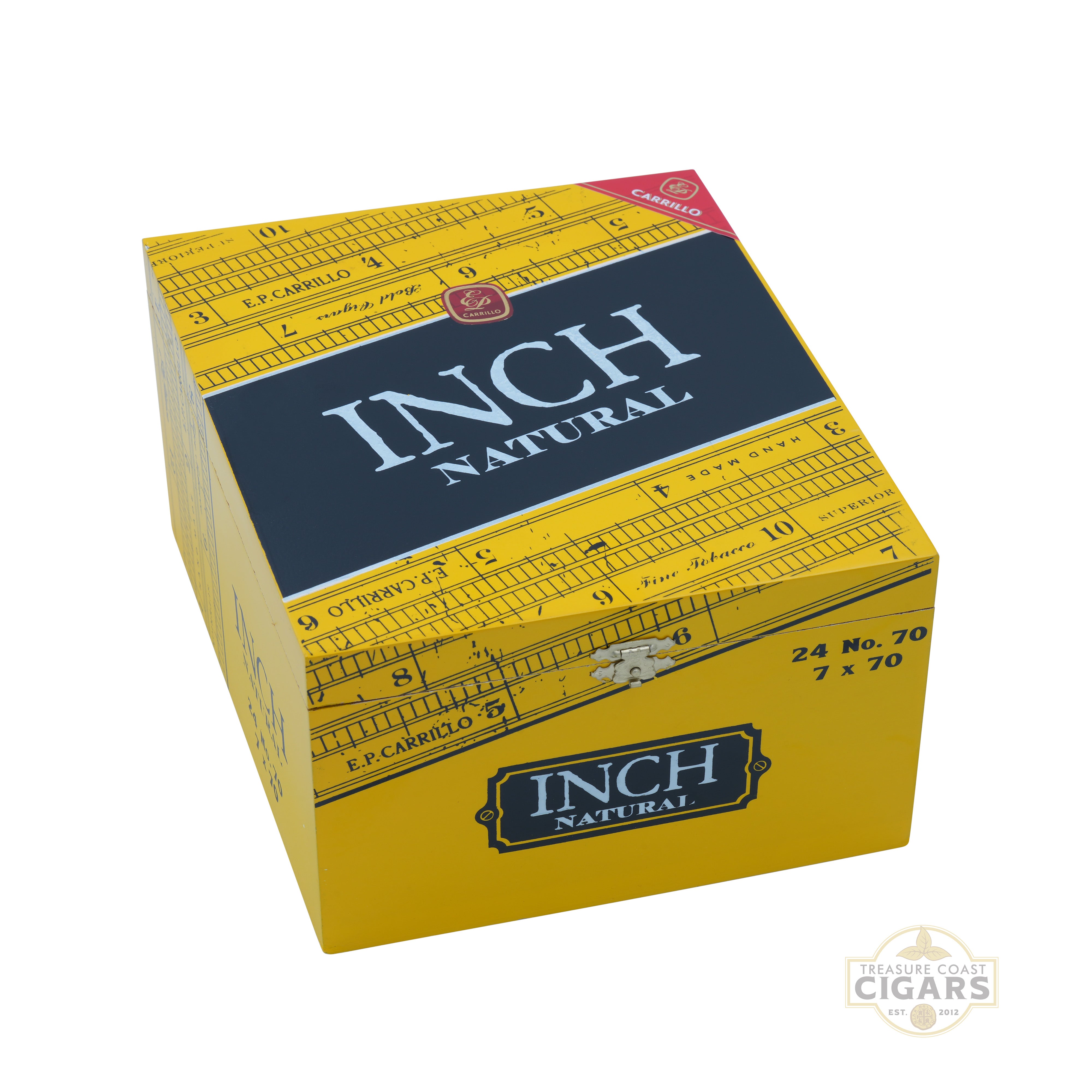 Box of Inch Natural cigars with a ruler design on a white background