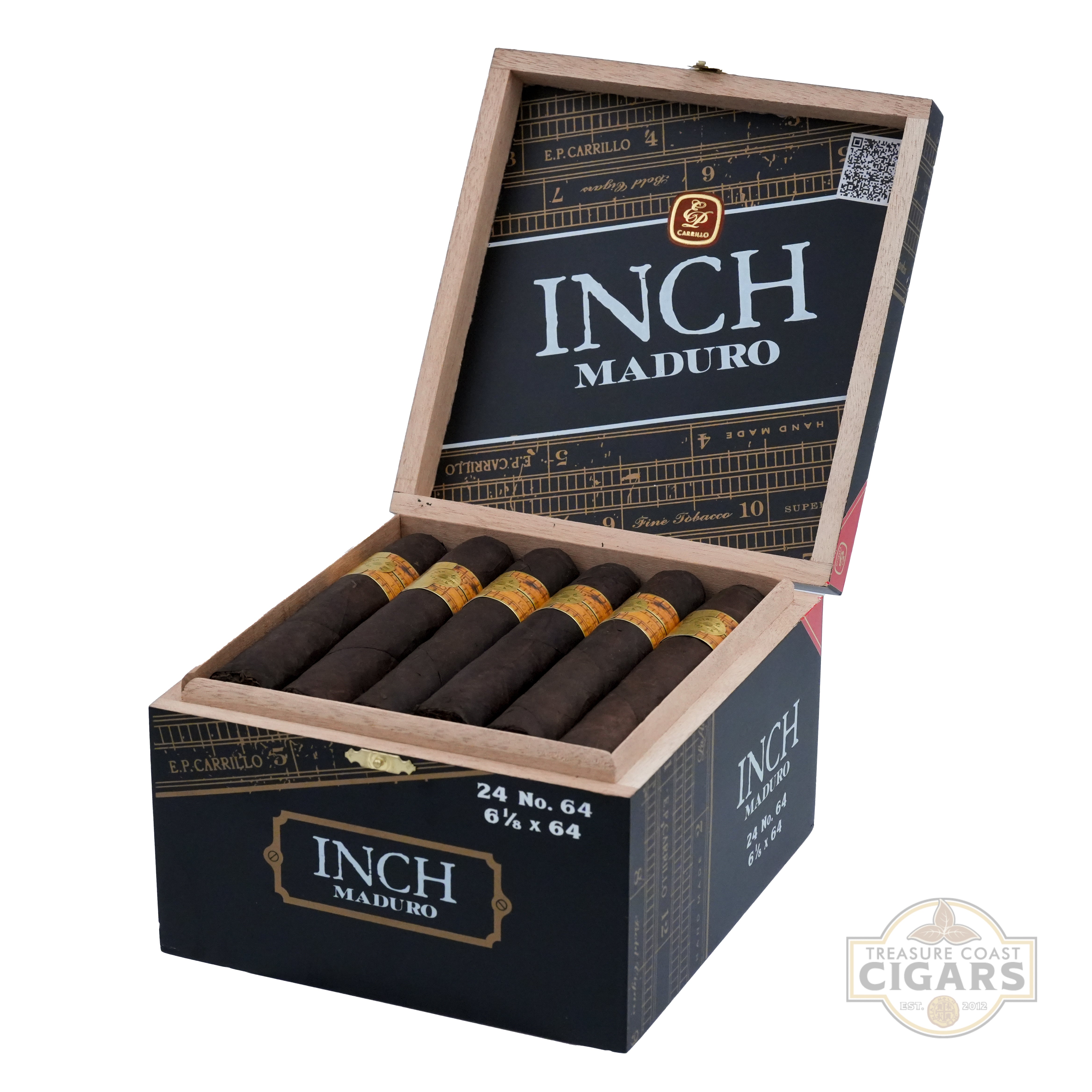 Open box of Inch Maduro cigars with cigars visible inside on a white background