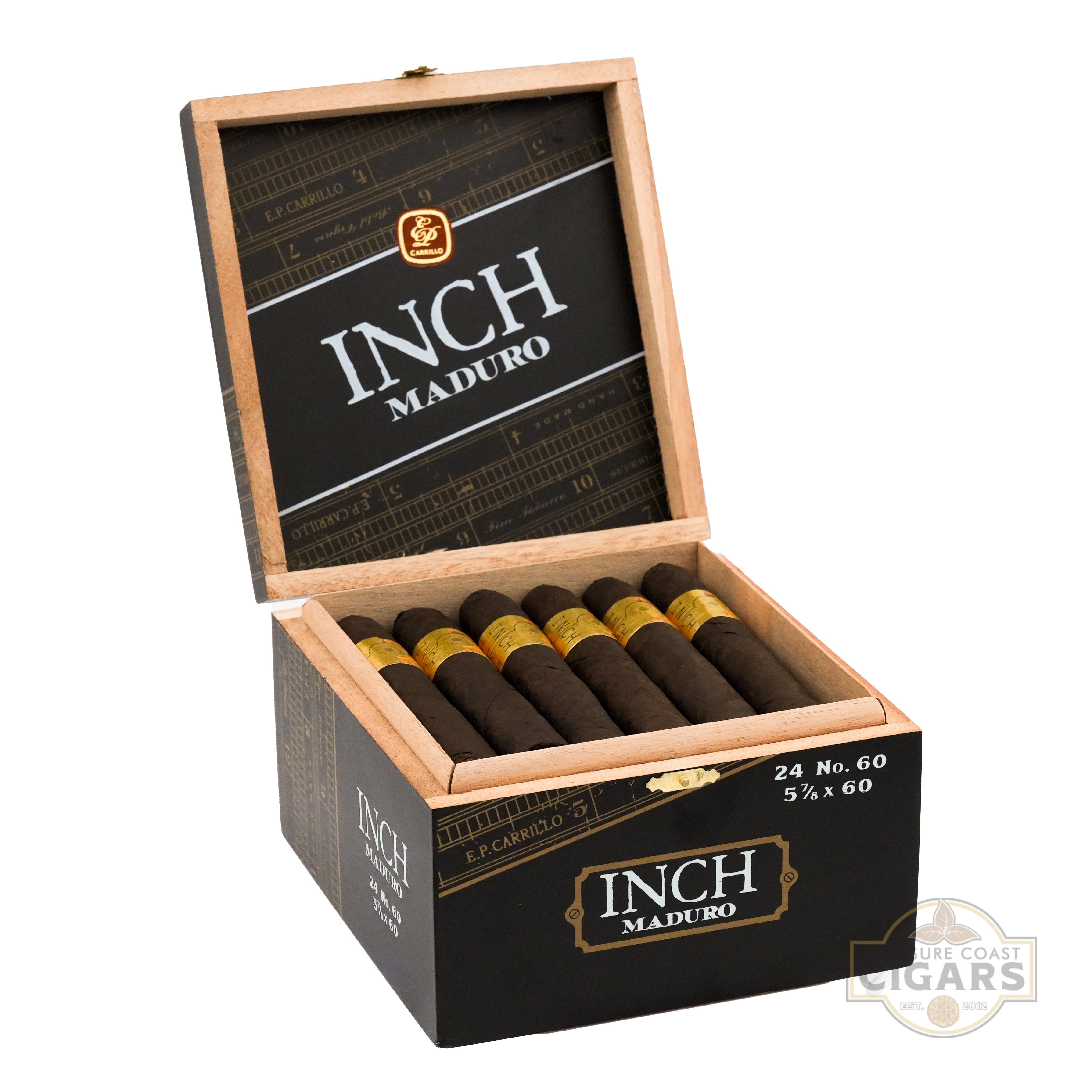 Open box of Inch Maduro cigars with cigars visible inside on a white background