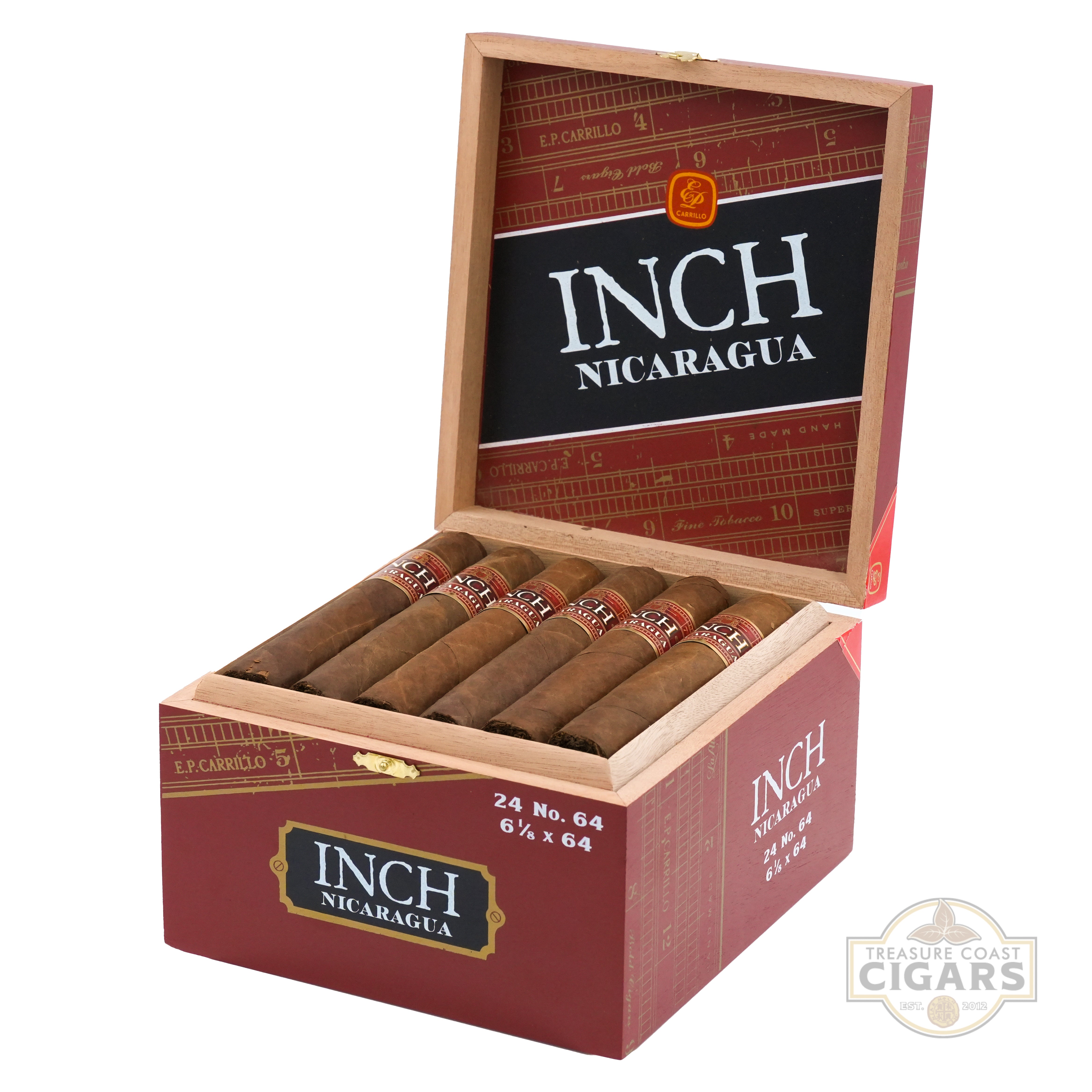 Open box of Inch Nicaragua cigars with cigars displayed on a white background
