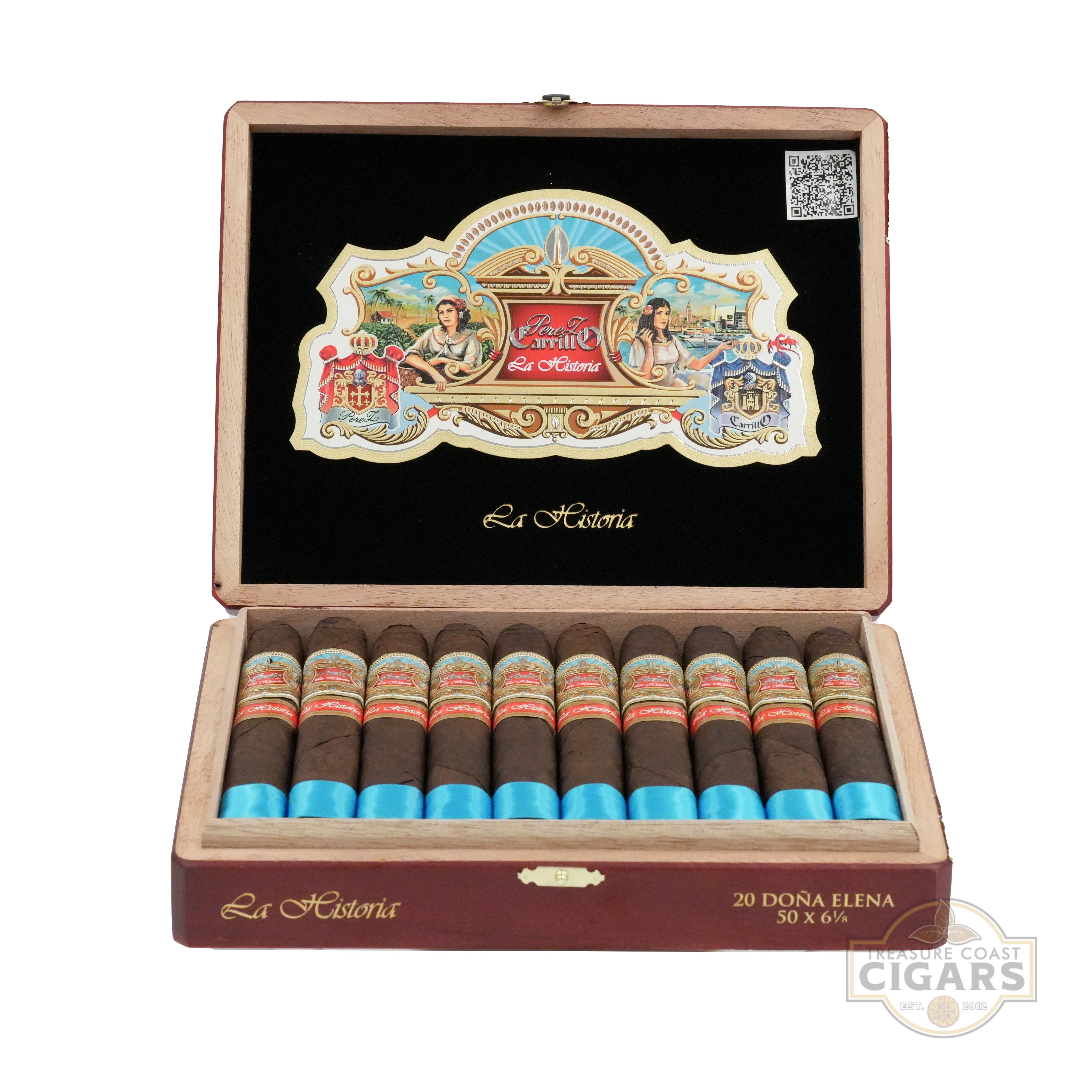A wooden cigar box with hinged lid, open to reveal a collection of premium cigars. The interior is lined with black felt, and the cigars are neatly arranged in two rows, featuring dark wrappers with colorful bands and turquoise foot ribbons. The lid displays an ornate label with the text "Perez Carrillo La Historia" and intricate artwork depicting two women and landscapes. The front of the box reads "La Historia" and "20 DONA ELENA 50 x 6 1/8," indicating the brand and size of the cigars. 