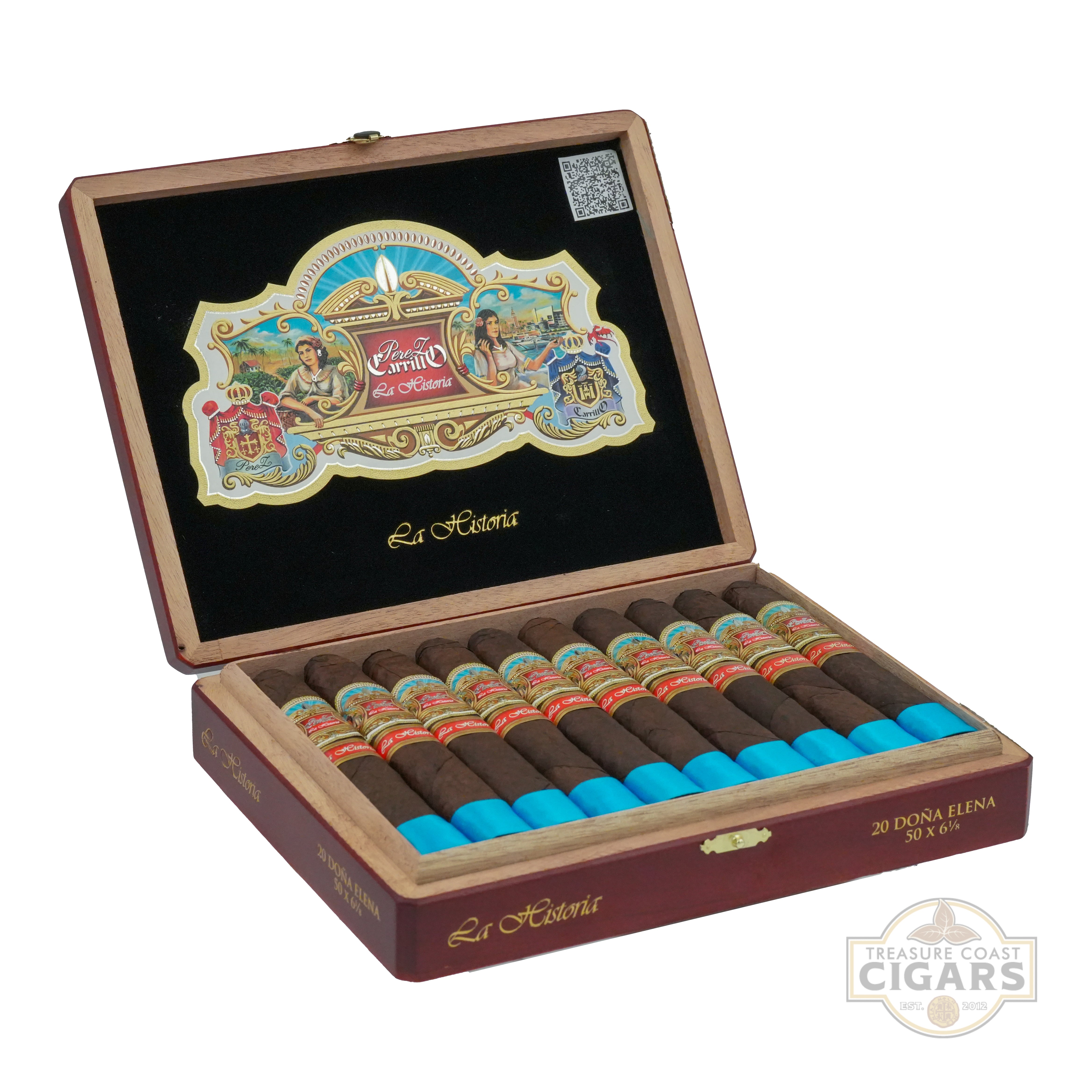 Open box of cigars with a colorful label on a white background