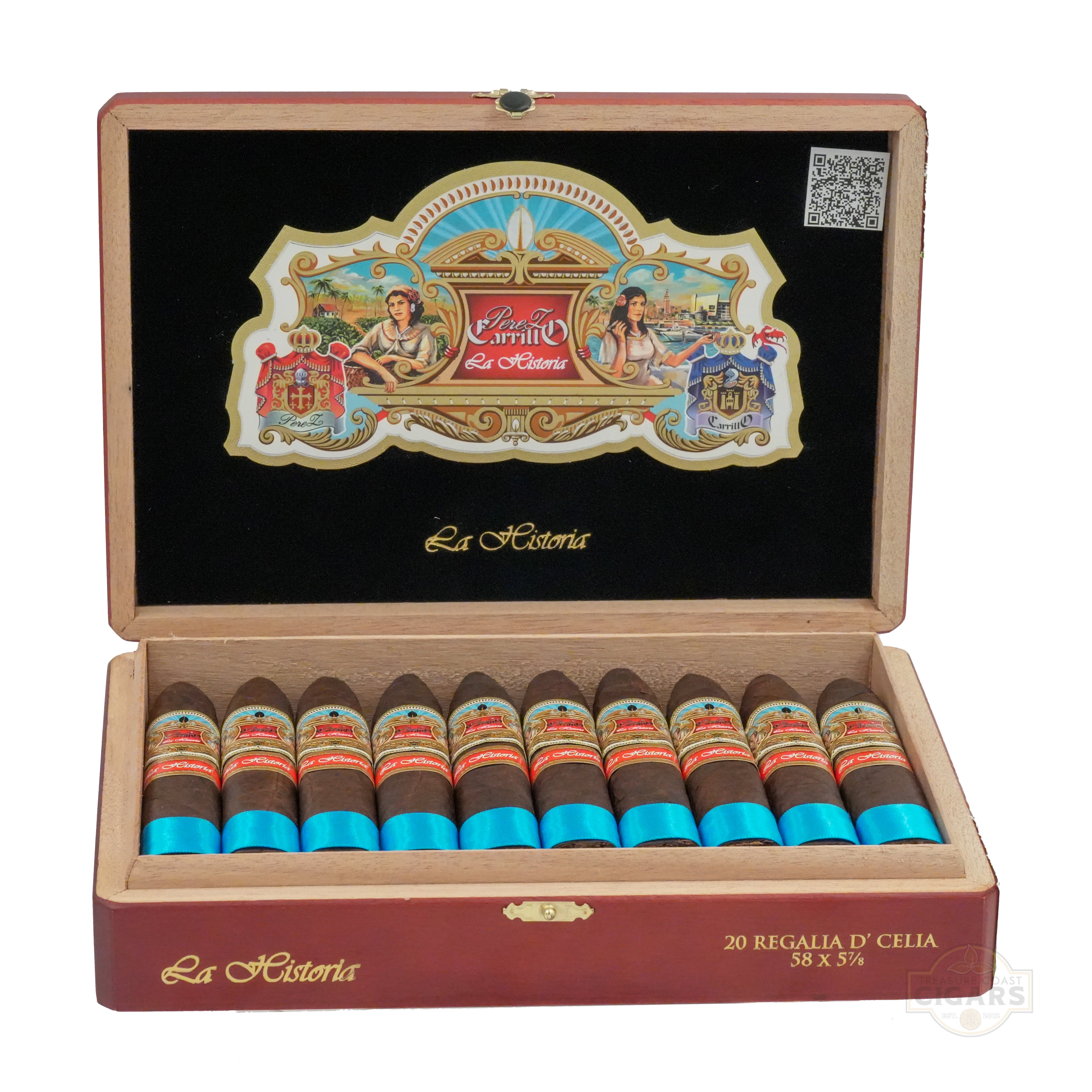 Box of cigars with La Historia branding on a white background