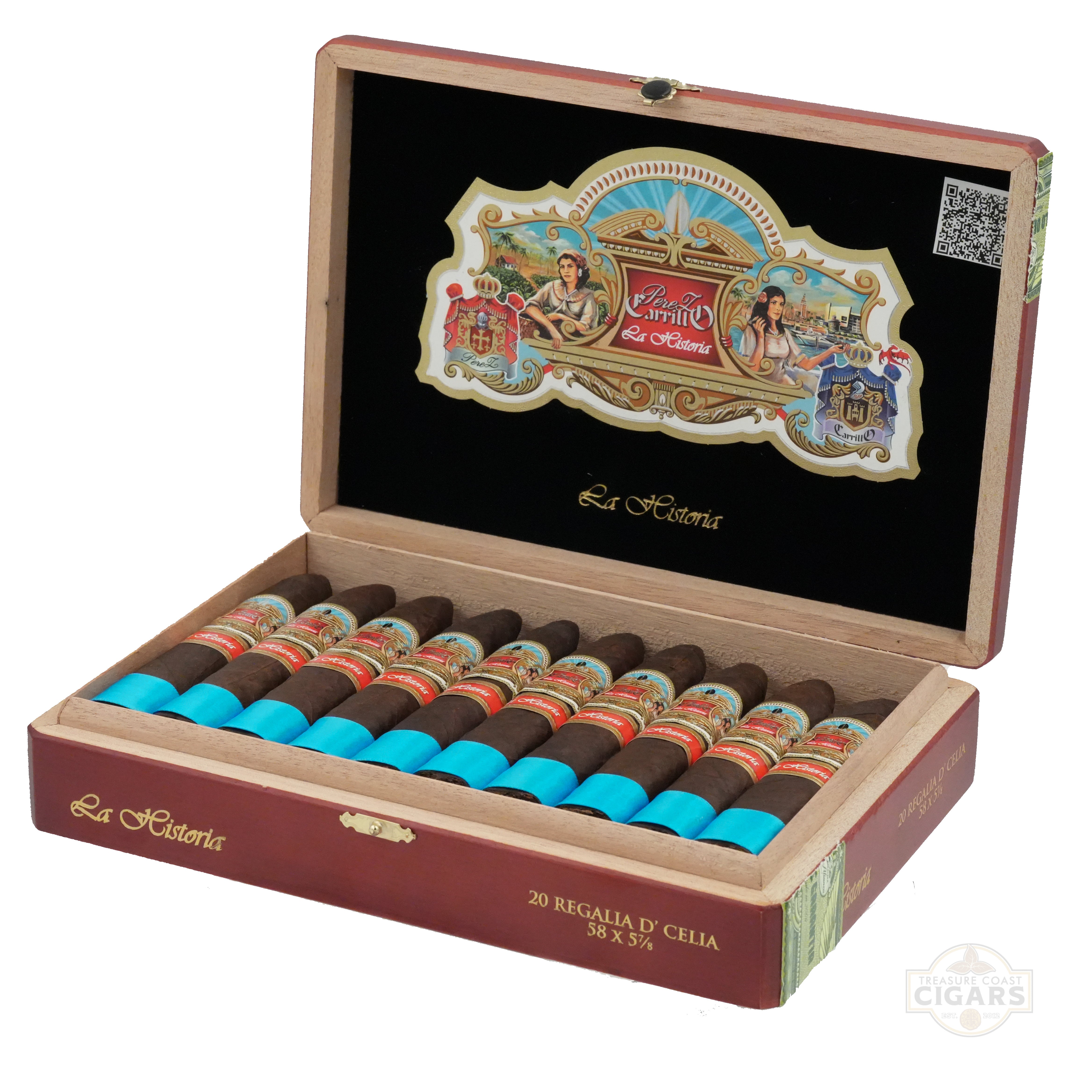 Open cigar box with cigars inside, featuring a colorful label on a white background