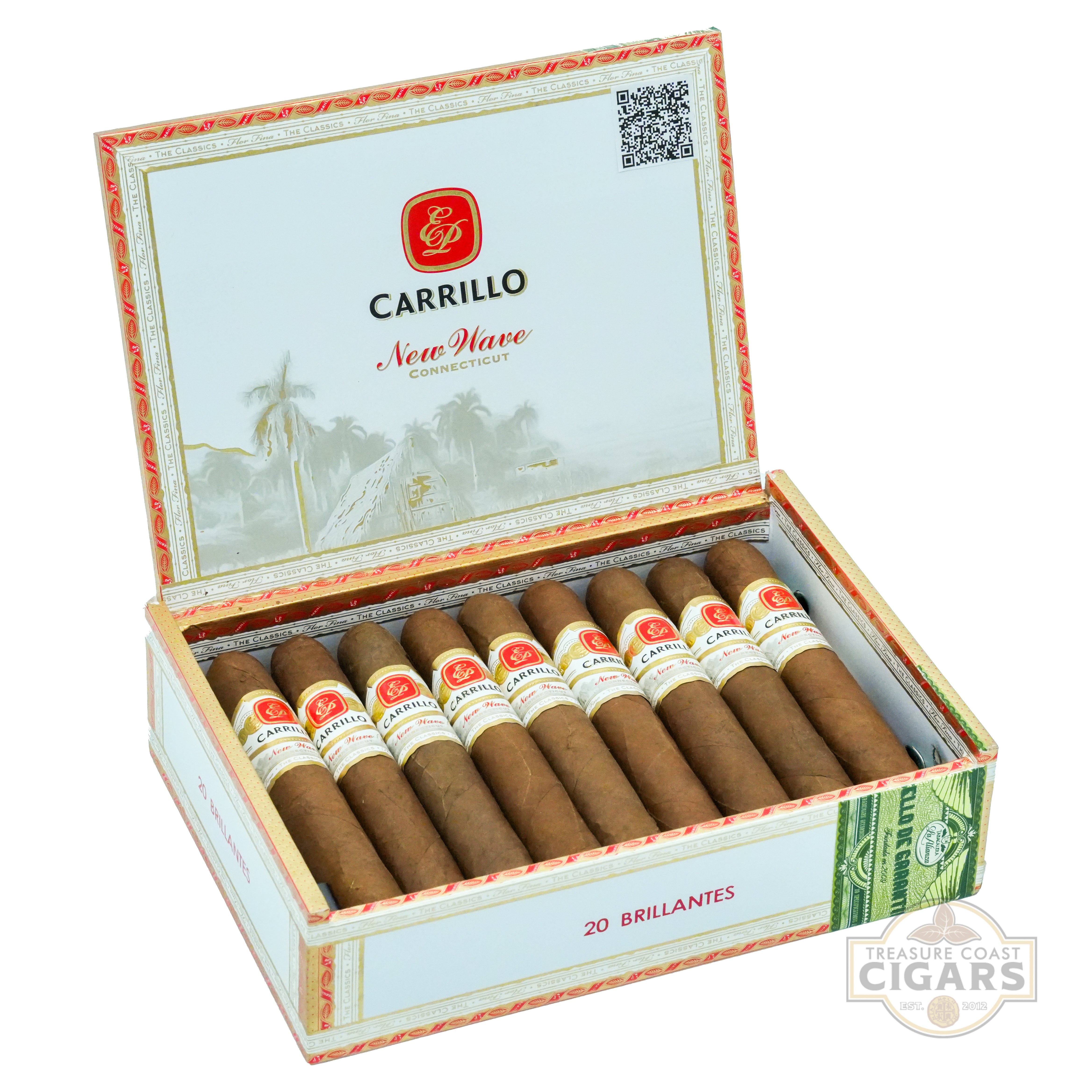 Open box of Carrillo cigars with cigars visible on a white background