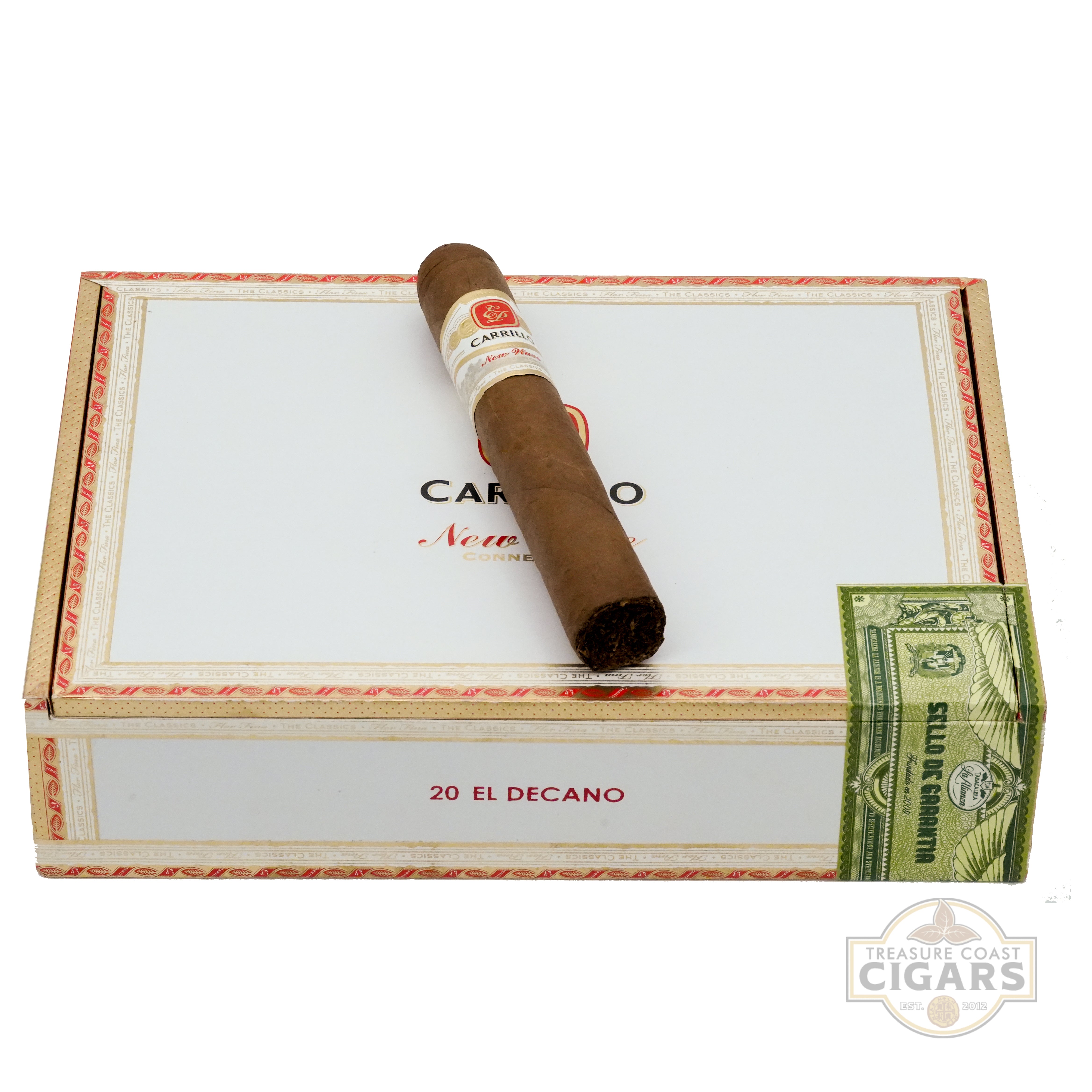 Closed box of Casa Carrillo New Wave Connecticut El Decano with a single cigar on a white background