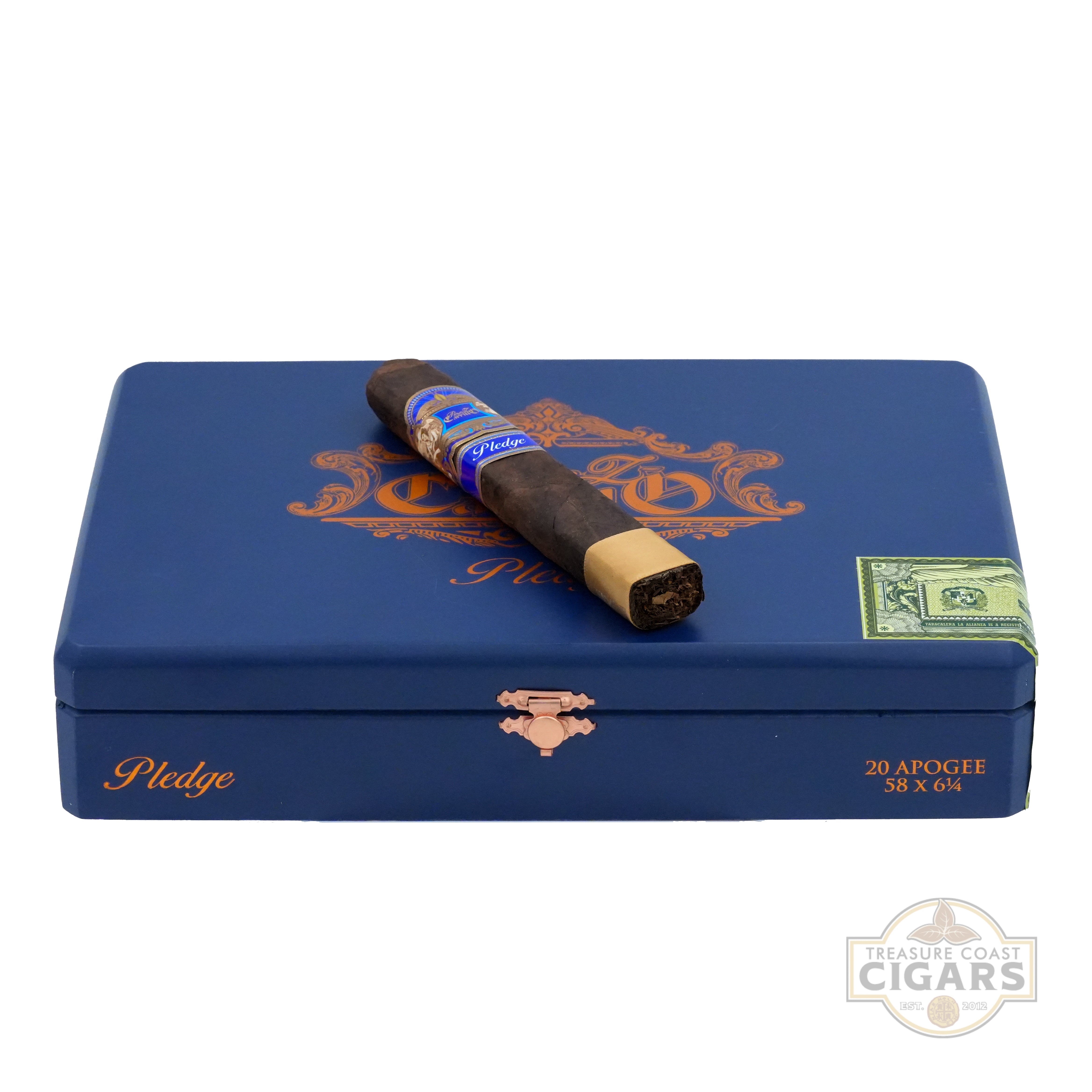 Cigar in a blue 'Pledge' tin with decorative elements on a white background