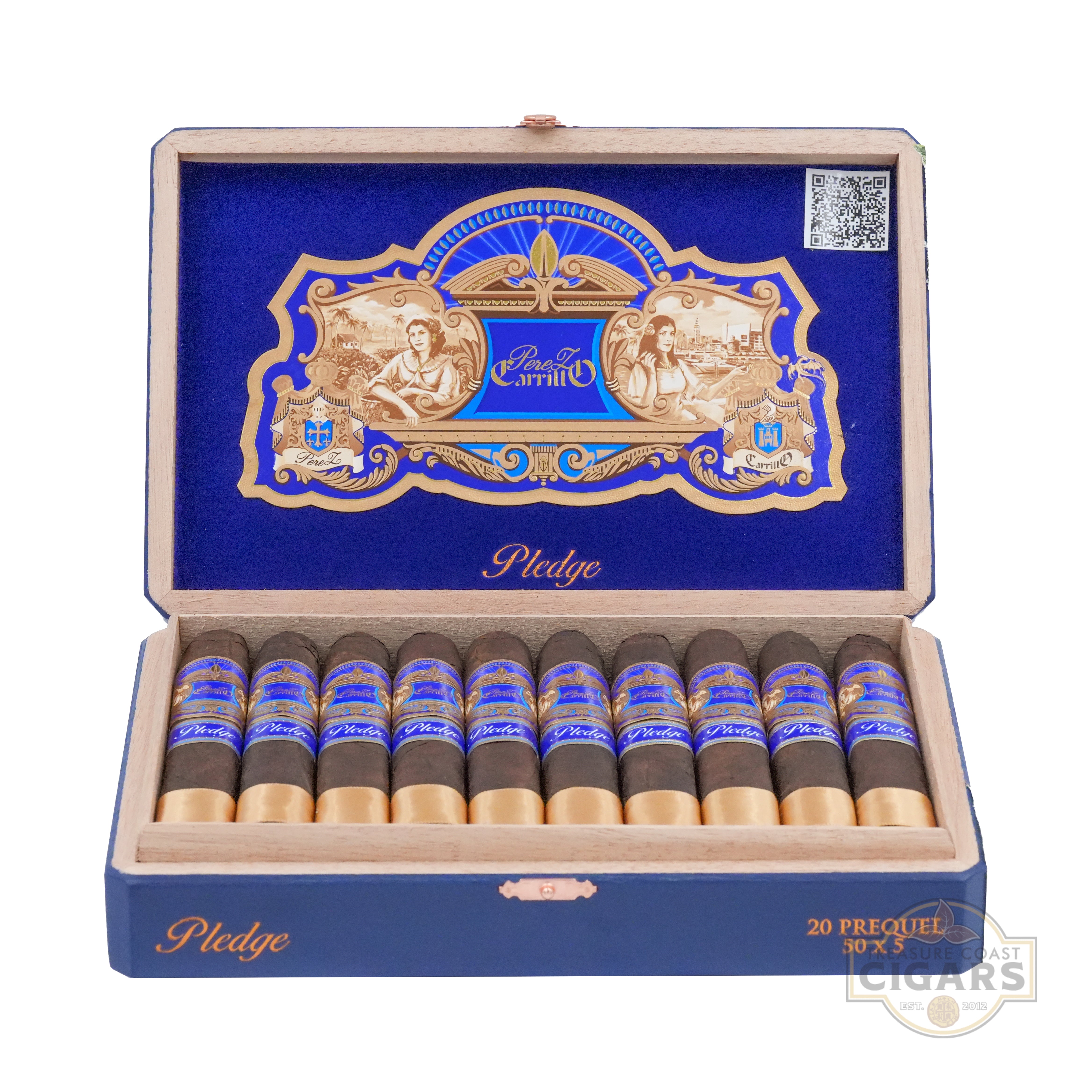 A luxurious blue cigar box with an ornate gold and blue lid featuring the "Pledge" logo and intricate designs, including images of two women and a coat of arms. The box is open, revealing 20 neatly arranged dark brown cigars with gold and blue bands, also labeled "Pledge." The bottom right corner of the box displays "20 PREQUEL 50 x 5" in text.