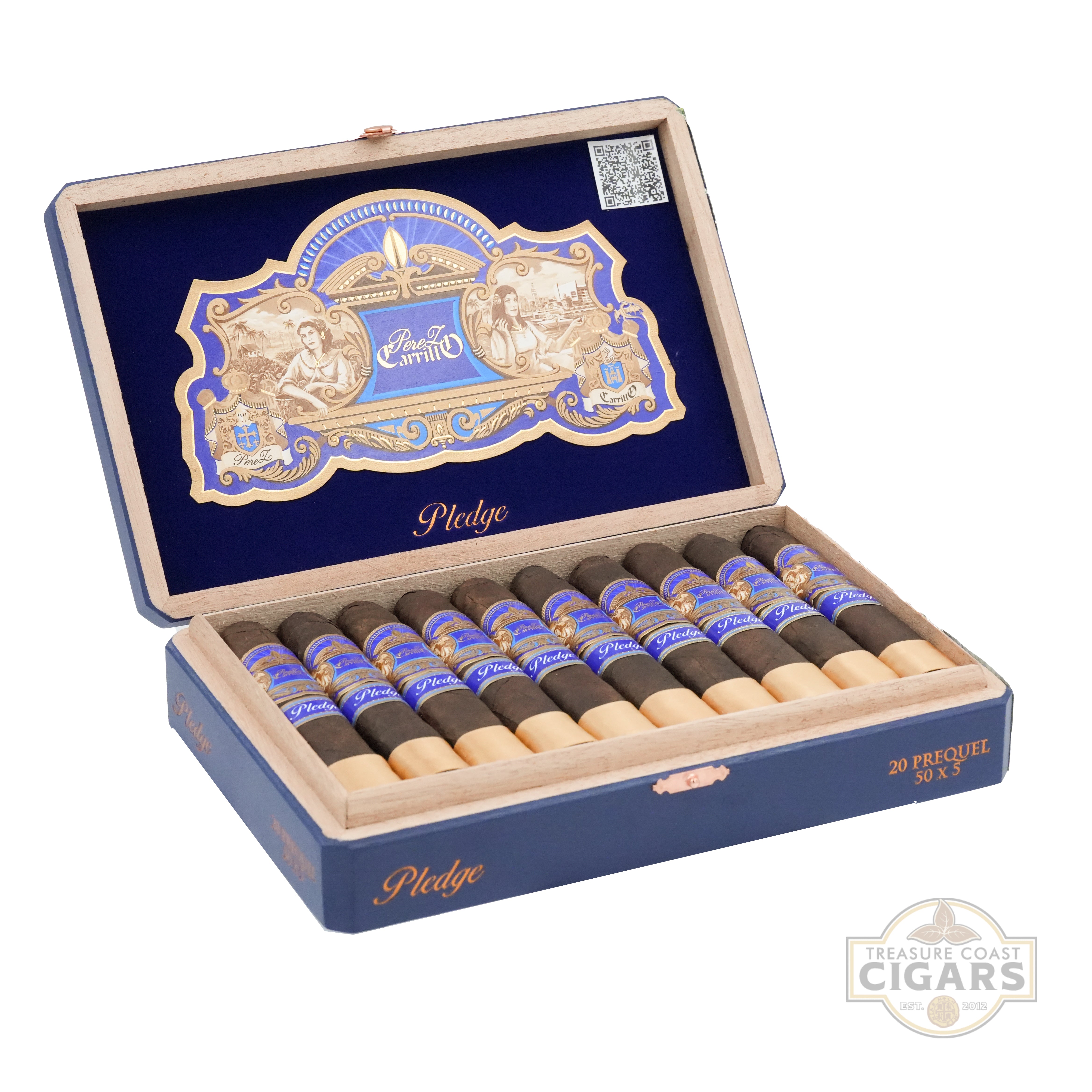 Open box of Pledge cigars with visible branding on a white background