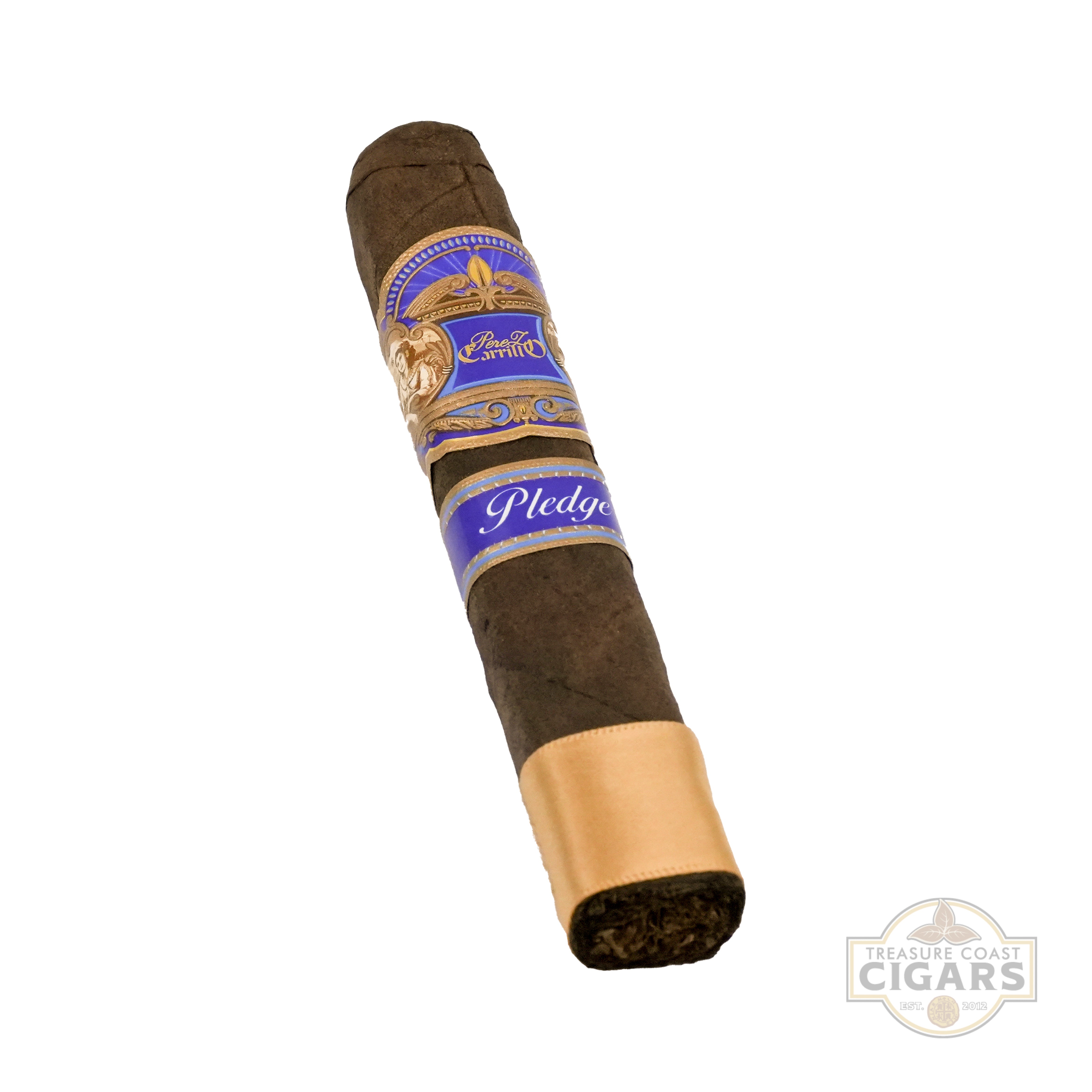 Cigar with a blue band labeled 'Pledge' on a white background, featuring the Treasure Coast Cigars logo.