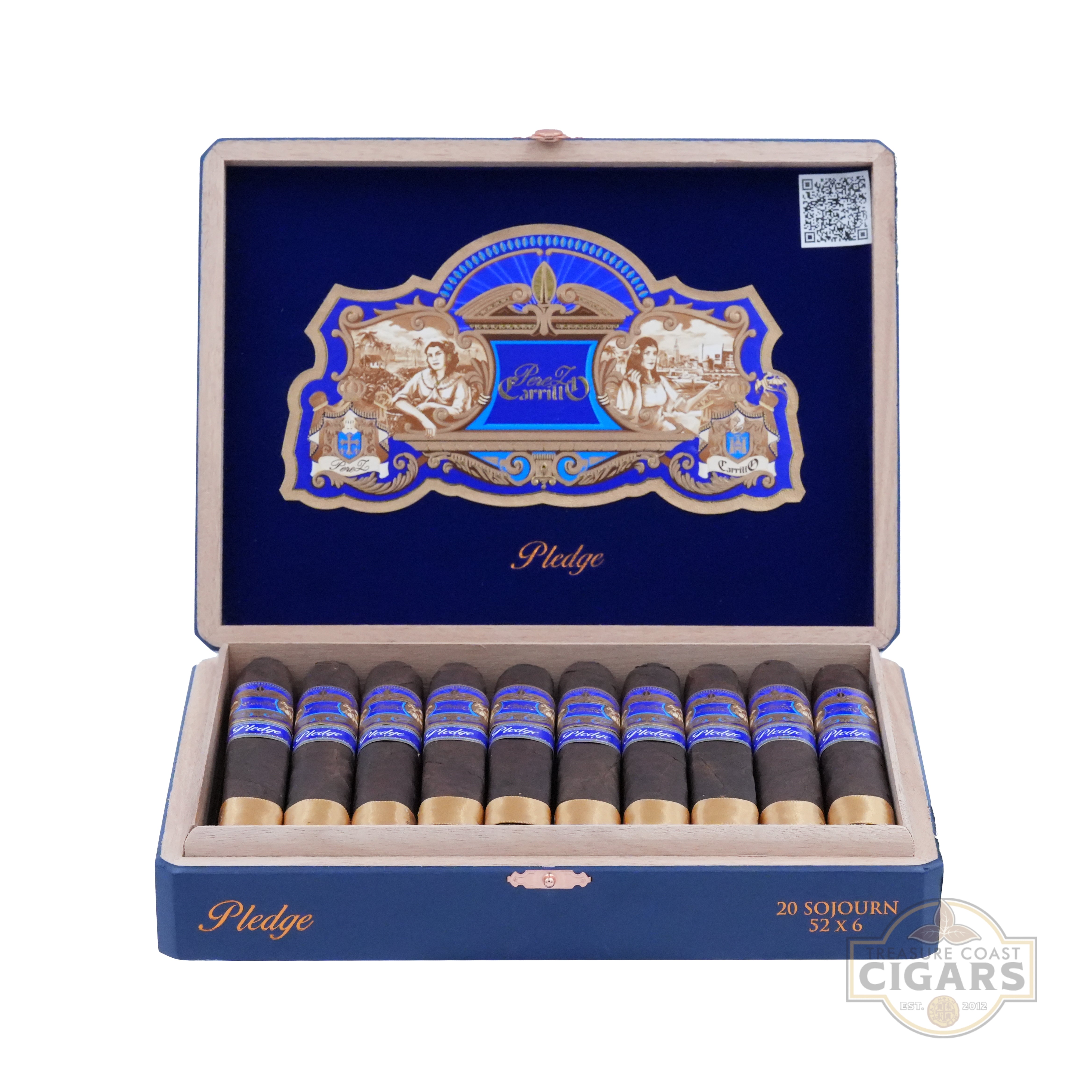 An elegant open cigar box labeled "Pledge" with a rich blue interior and ornate gold and blue artwork on the lid, featuring two female figures and ornate designs. The box contains 20 premium cigars, each with a gold foot ribbon and detailed labeling, arranged neatly in two rows. The box is branded with "Treasure Coast Cigars" along with the text "20 Sojourn 52x5.5." 