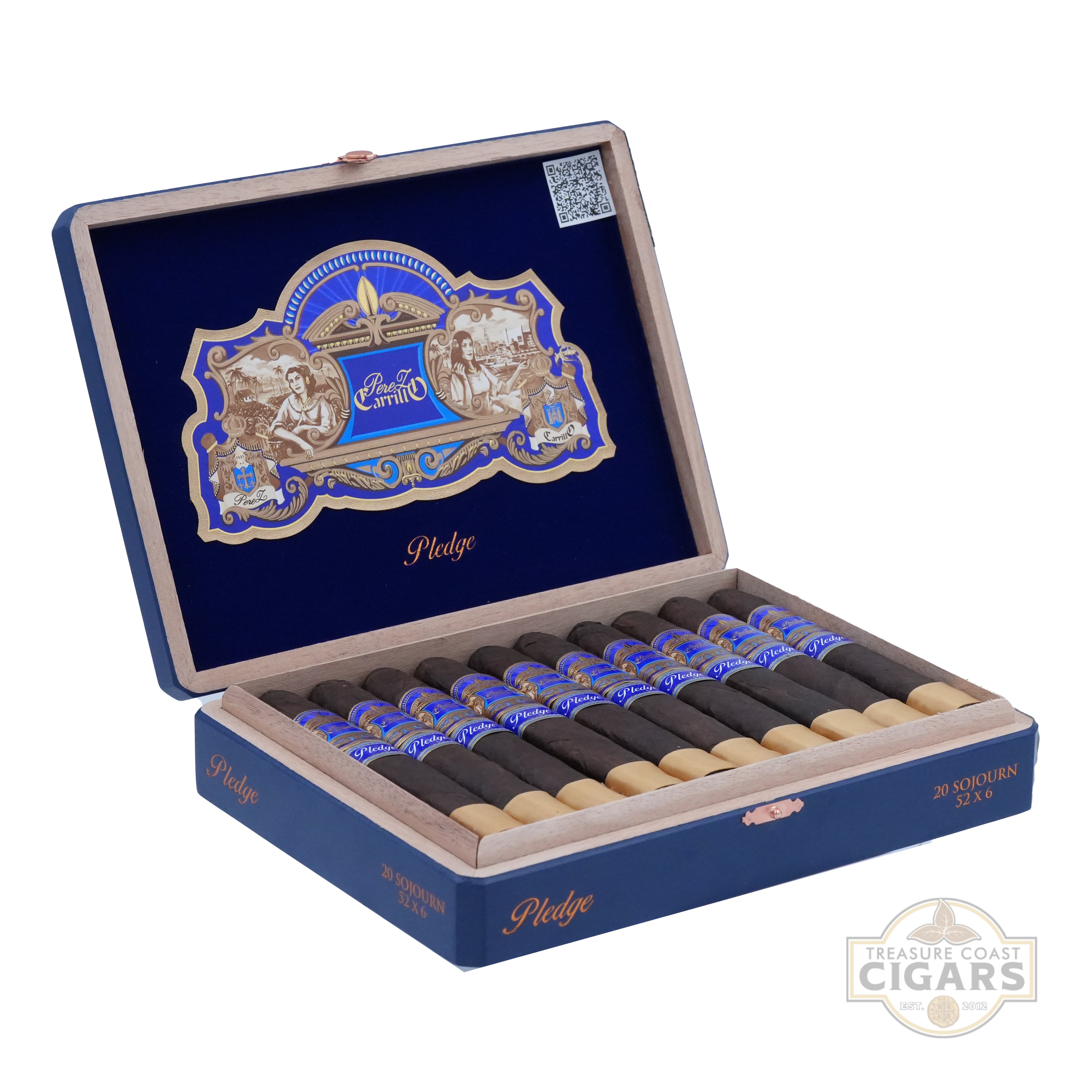 Open box of cigars with a decorative label on a white background