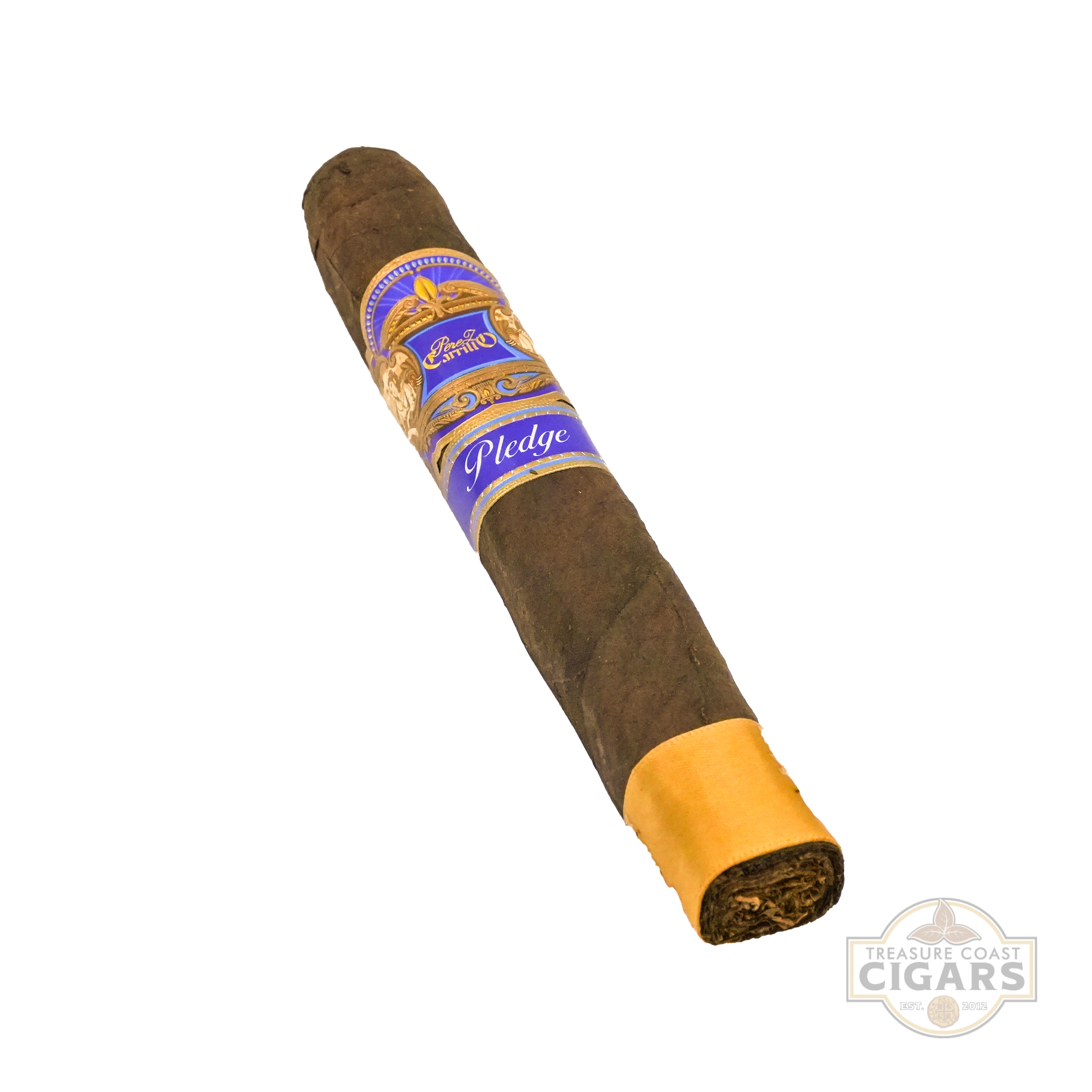 Cigar with a blue label on a white background, featuring the 'Pledge' brand.