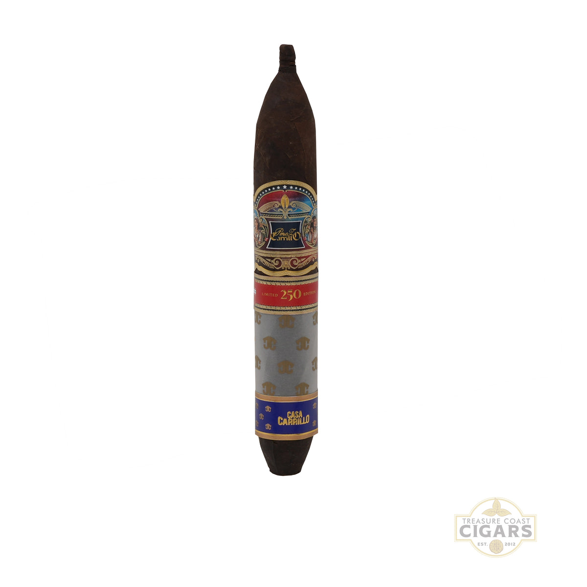 A single cigar adorned with red white and blue bands and 250