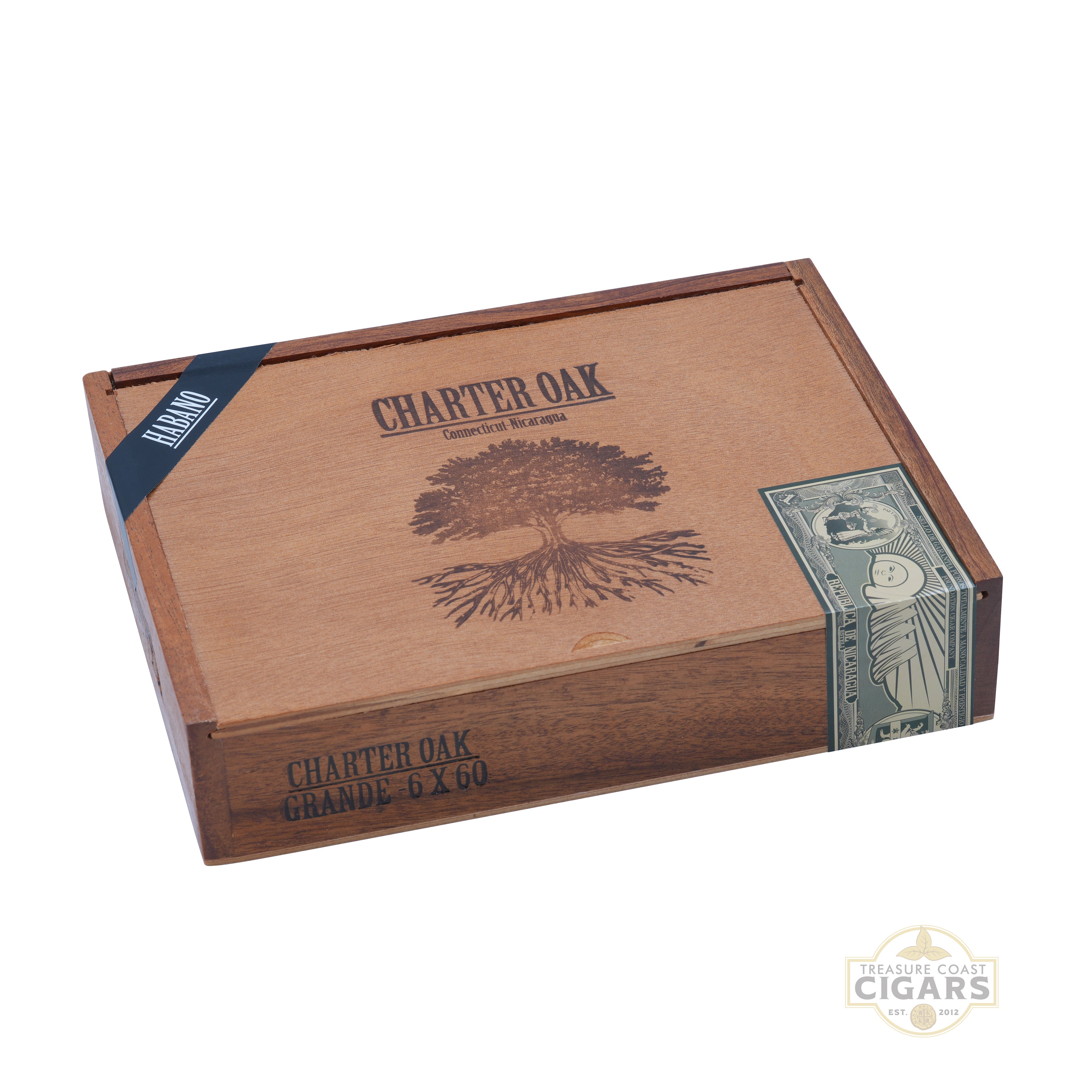Cigar box with 'Charter Oak' branding on a white background