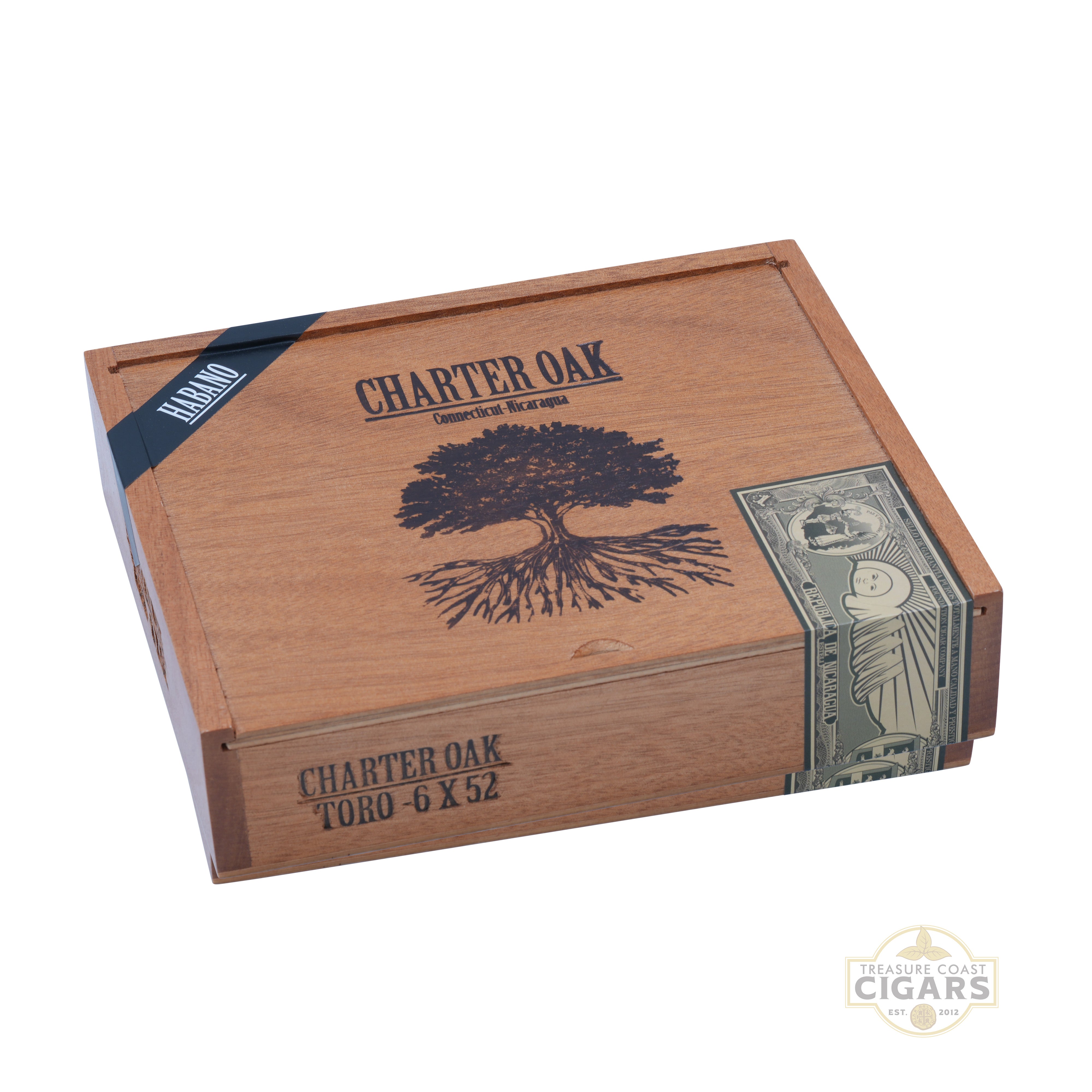 Cigar box with 'Charter Oak' branding and tree design on a white background