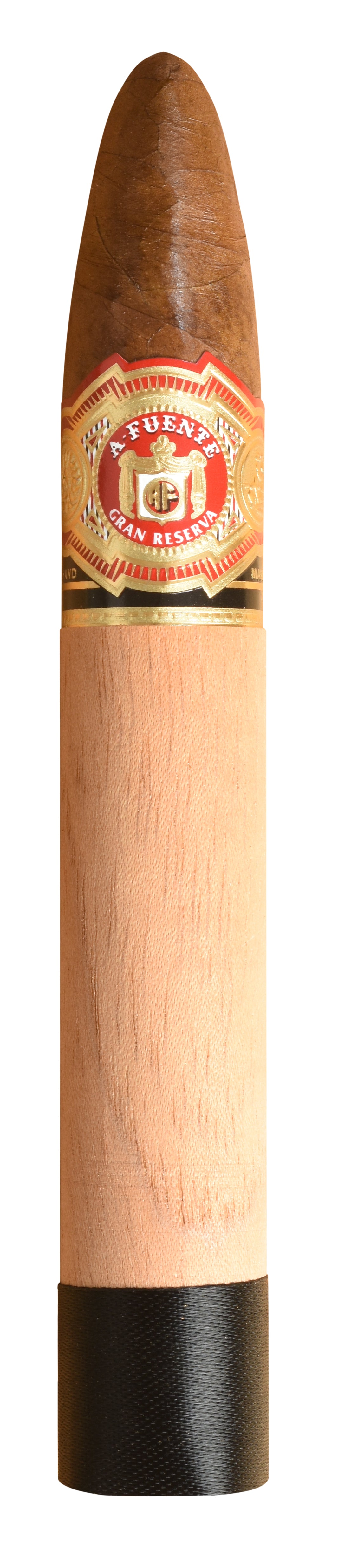 Arturo Fuente King B cigar in a cedar sleeve with a white background
