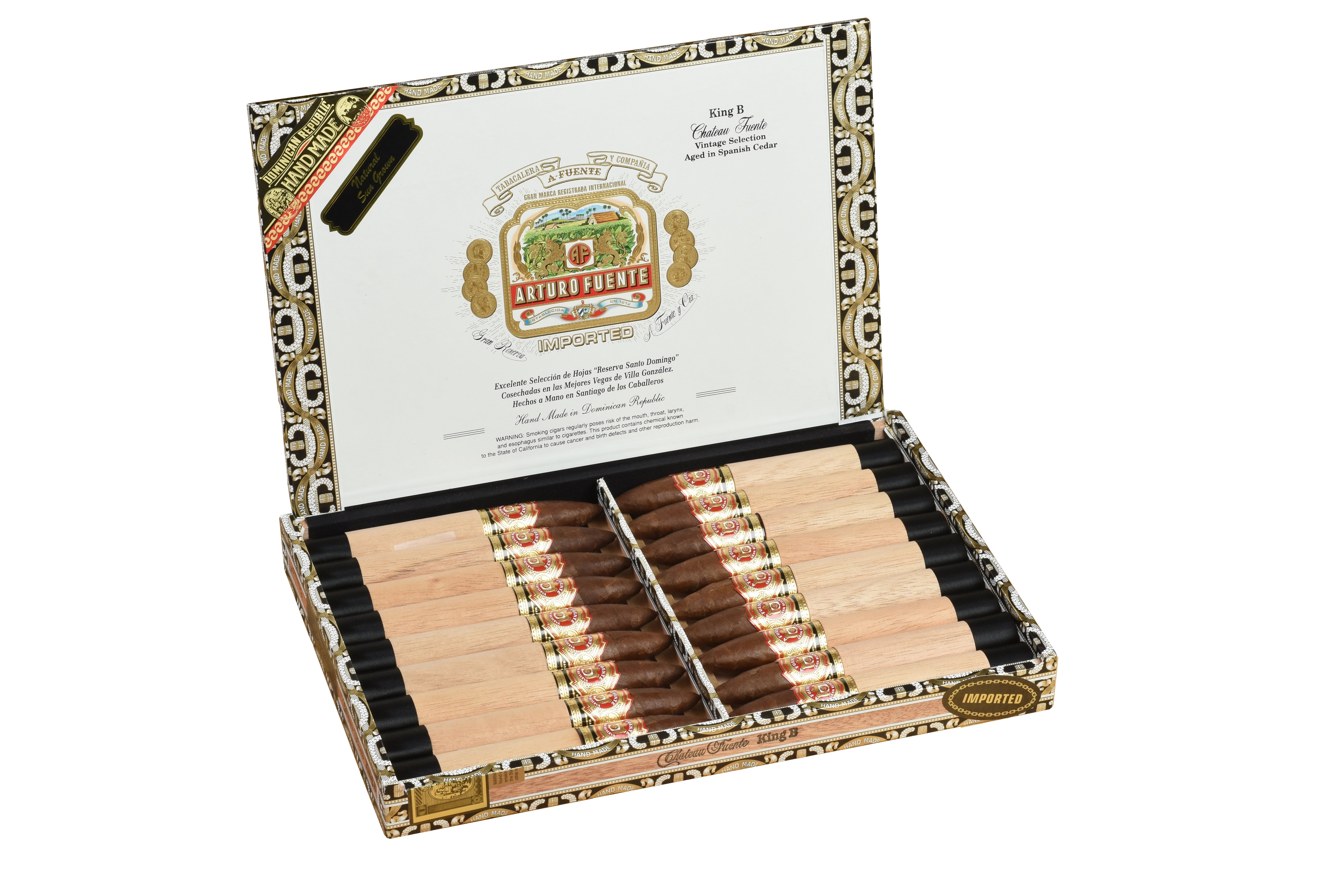 Open box of Arturo Fuente King B cigars with a visible brand logo on a white background