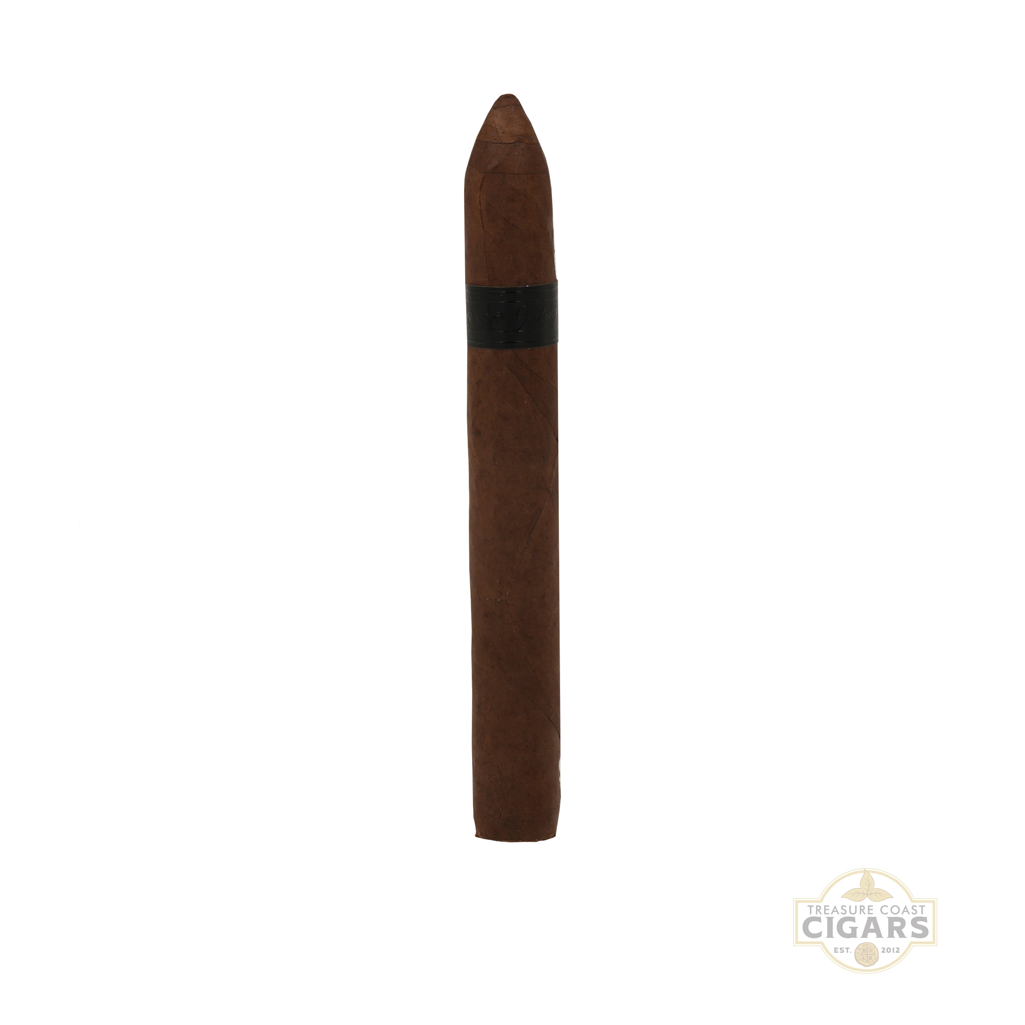 A single brown cigar with a black band, shown vertically against a plain white background with a 'Treasure Coast Cigars' logo in the bottom right corner.