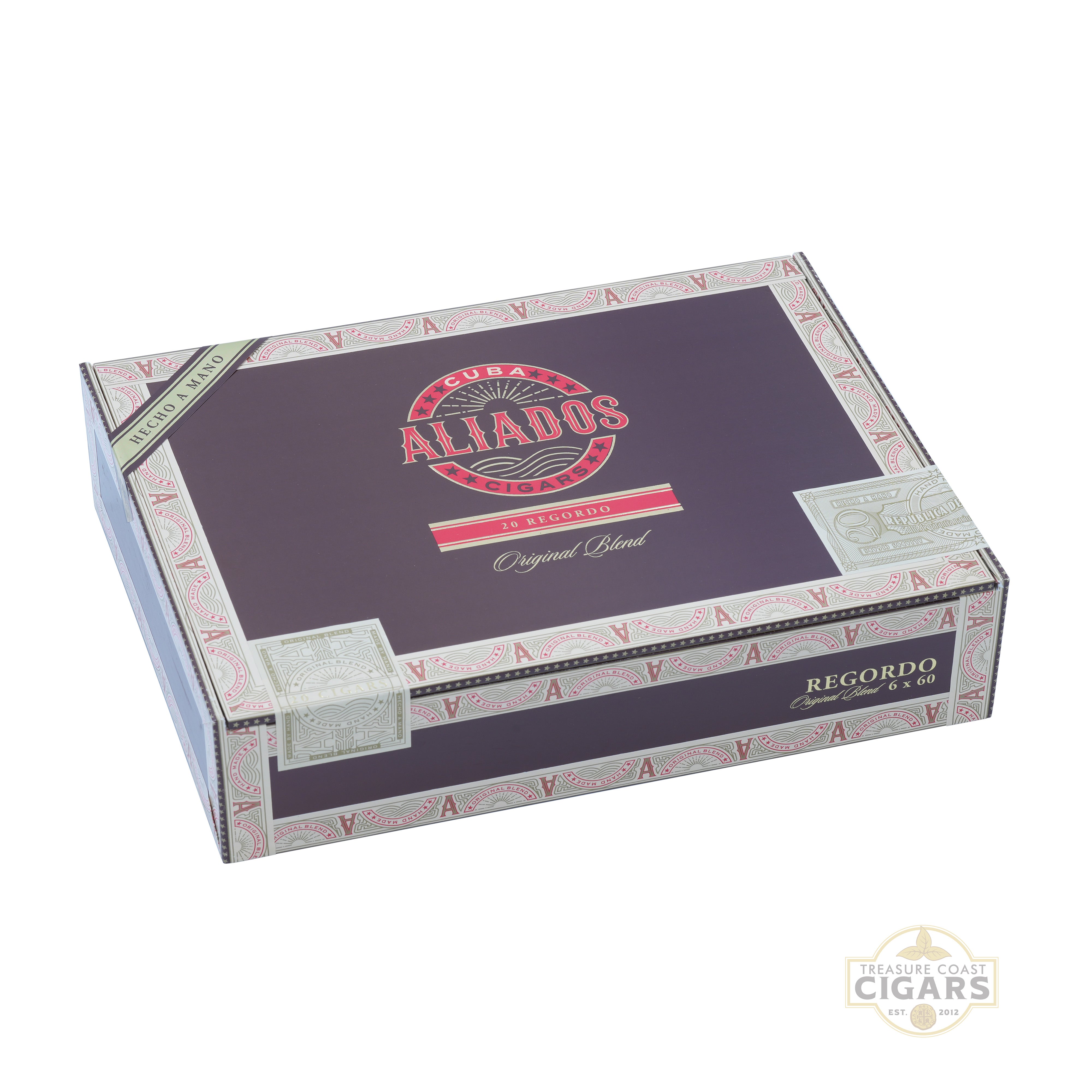 Cigar box with 'Cuba Aliados Regordo' branding on a white background