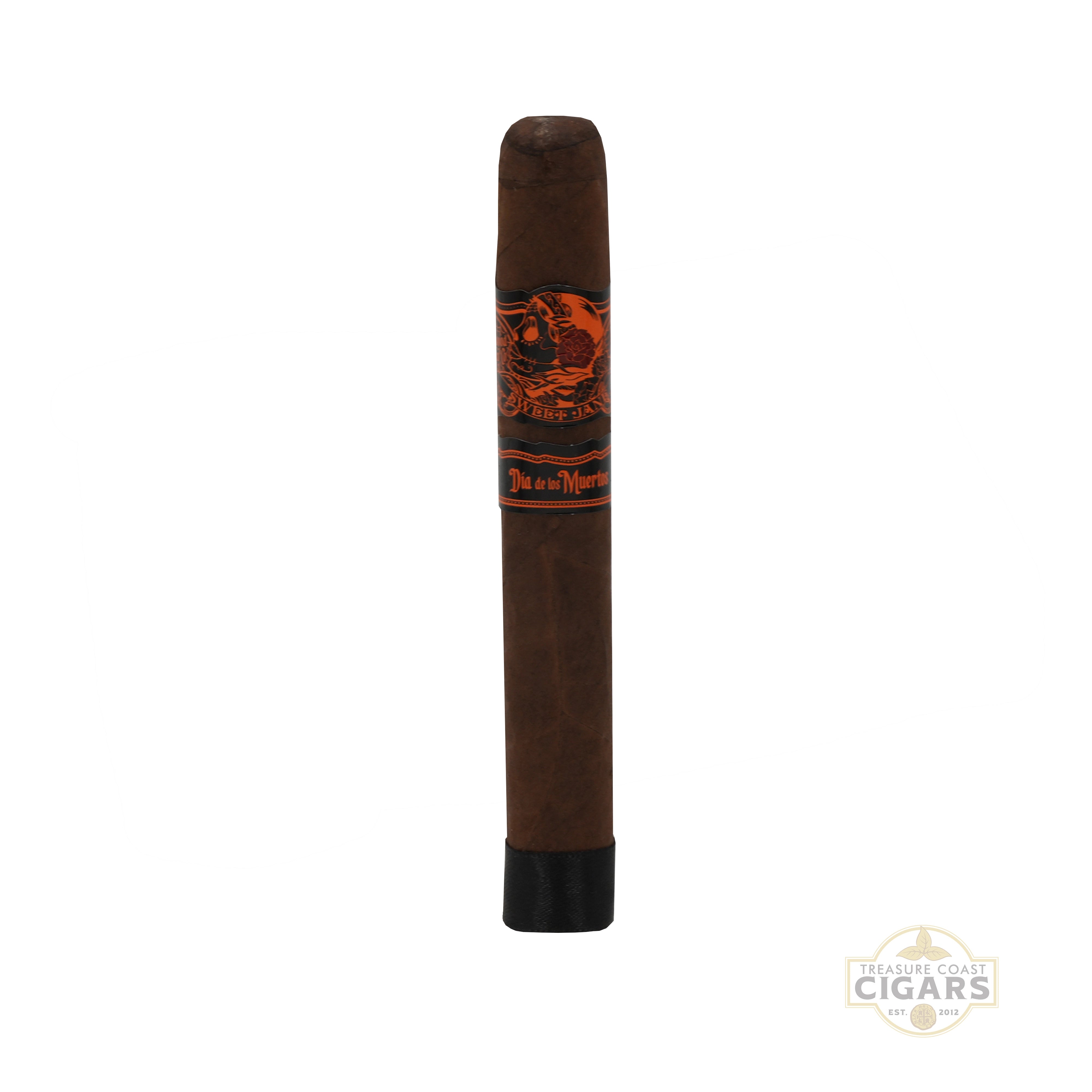 Dia de los Muertos Cigar with a decorative band featuring a logo on a white background
