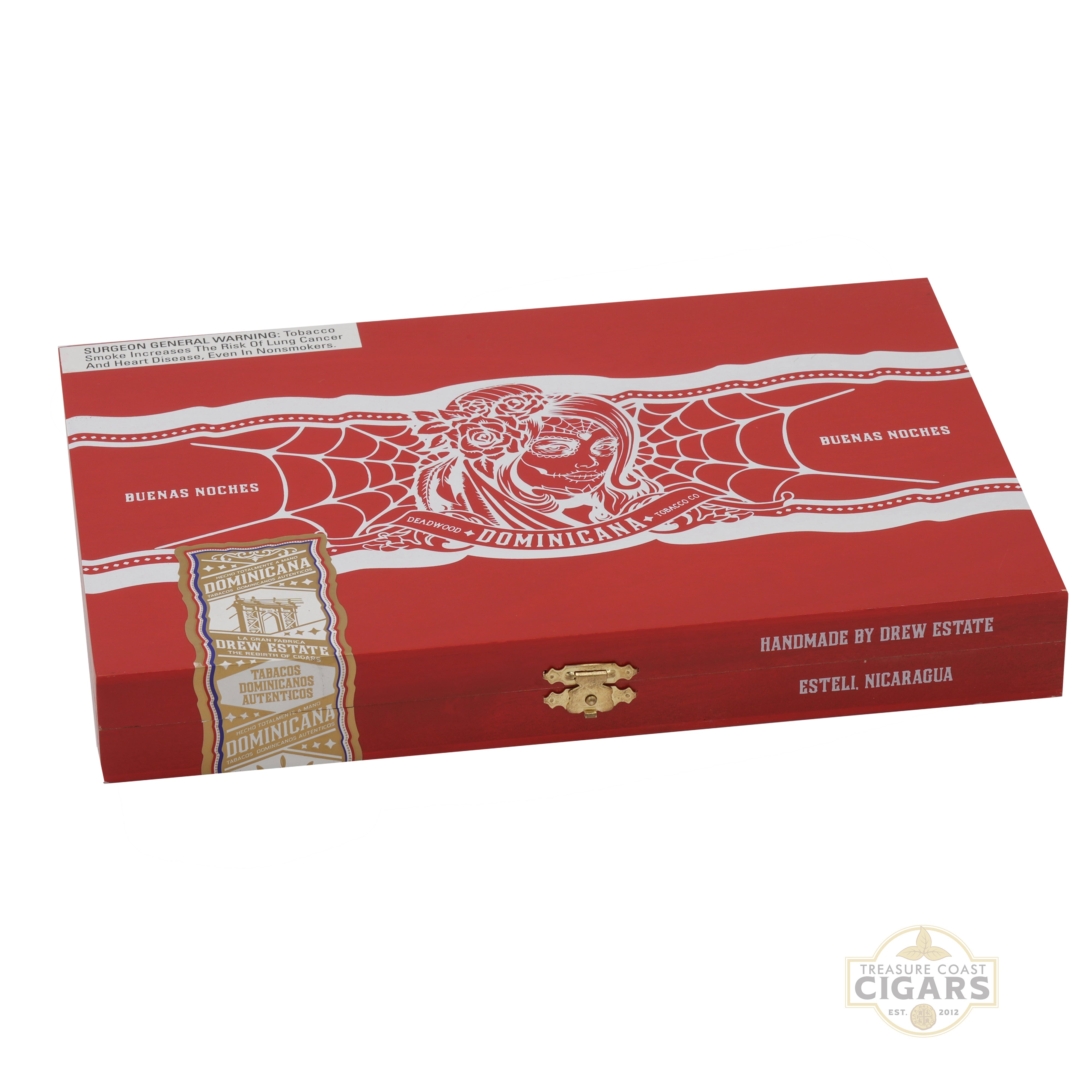 Red box of Deadwood Dominicana Buenas Noches cigars with branding on a white background