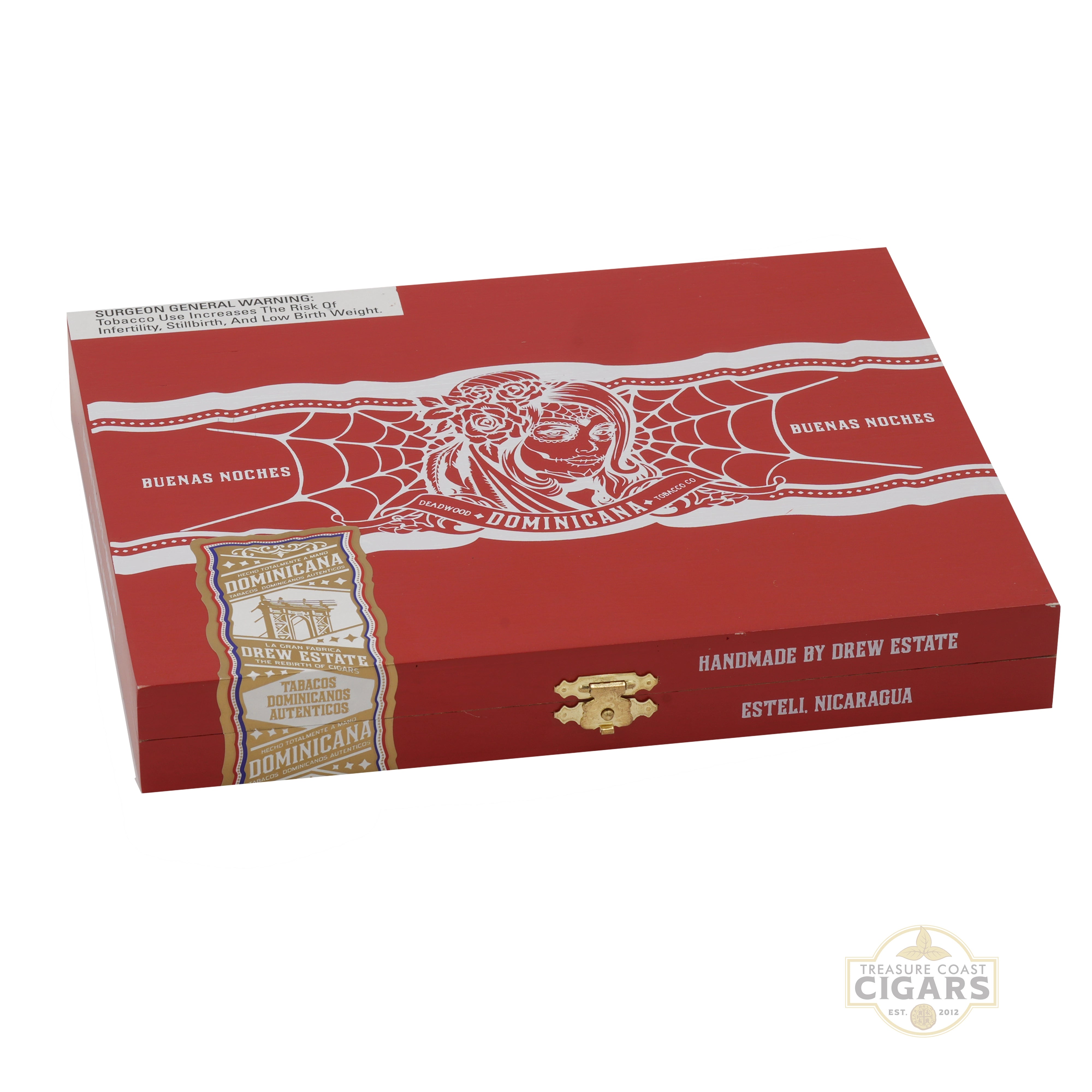 Deadwood Dominicana Buenas Noches Red and white cigar box with branding on a white background