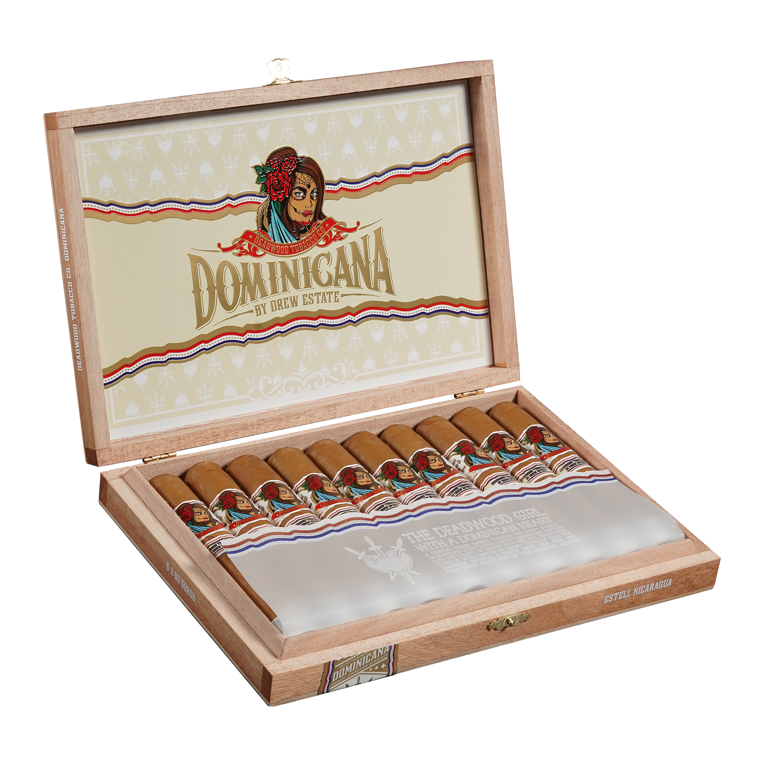 Open wooden cigar box with 'Dominicana' branding on a white background