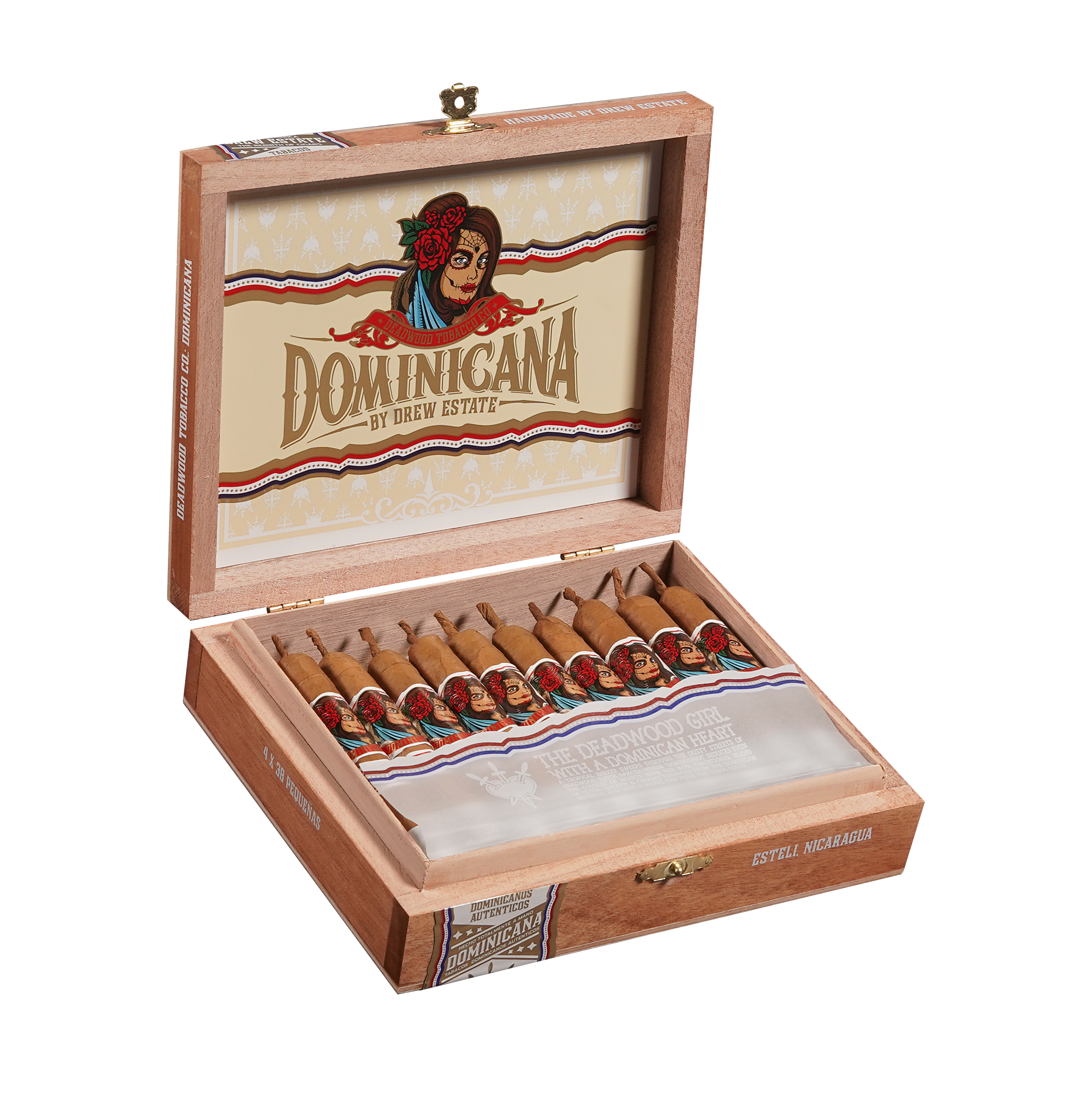 Open wooden box of Dominicana by Drew Estate cigars with decorative label.
