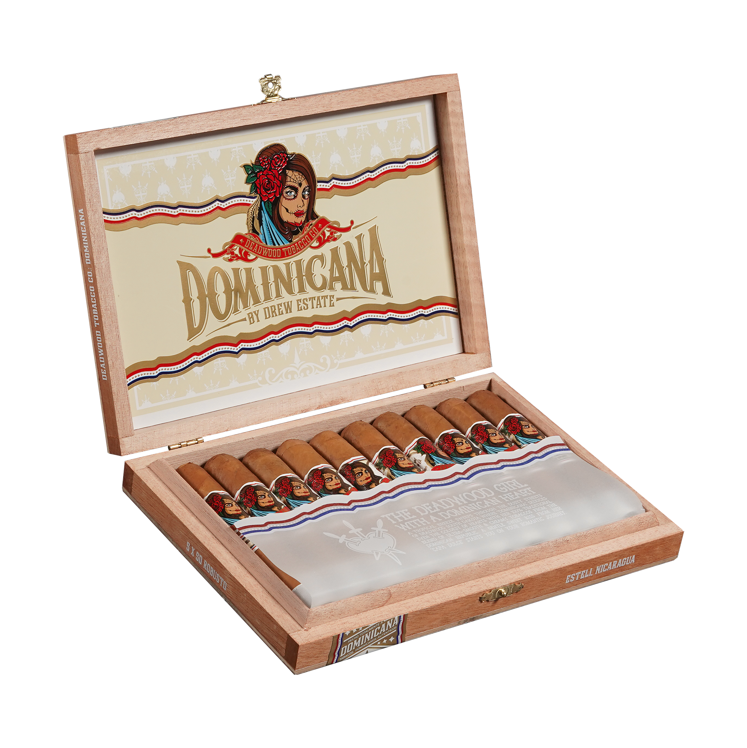 Open wooden box of Dominicana cigars with decorative interior and branding.