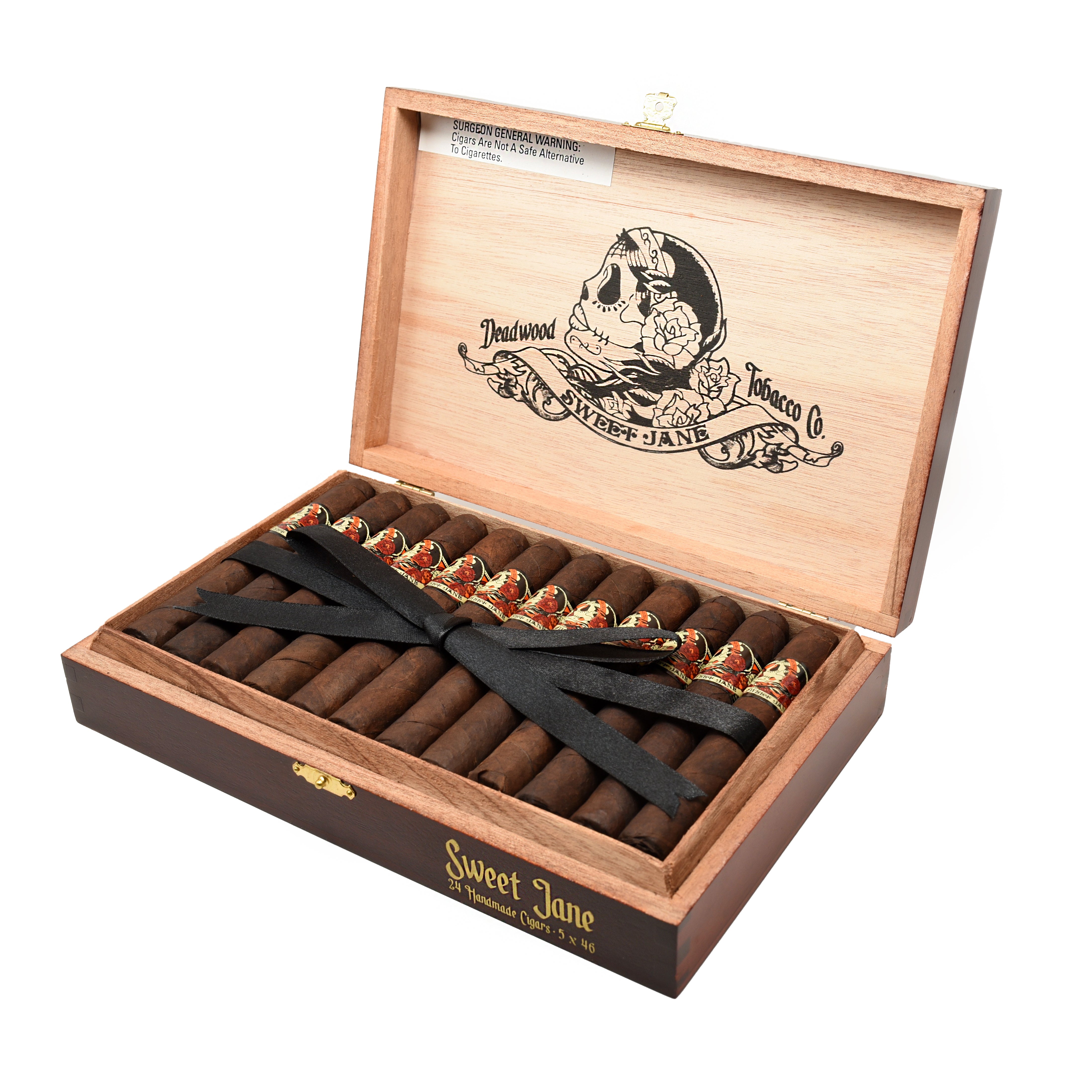 Open wooden cigar box with cigars and decorative elements on a white background