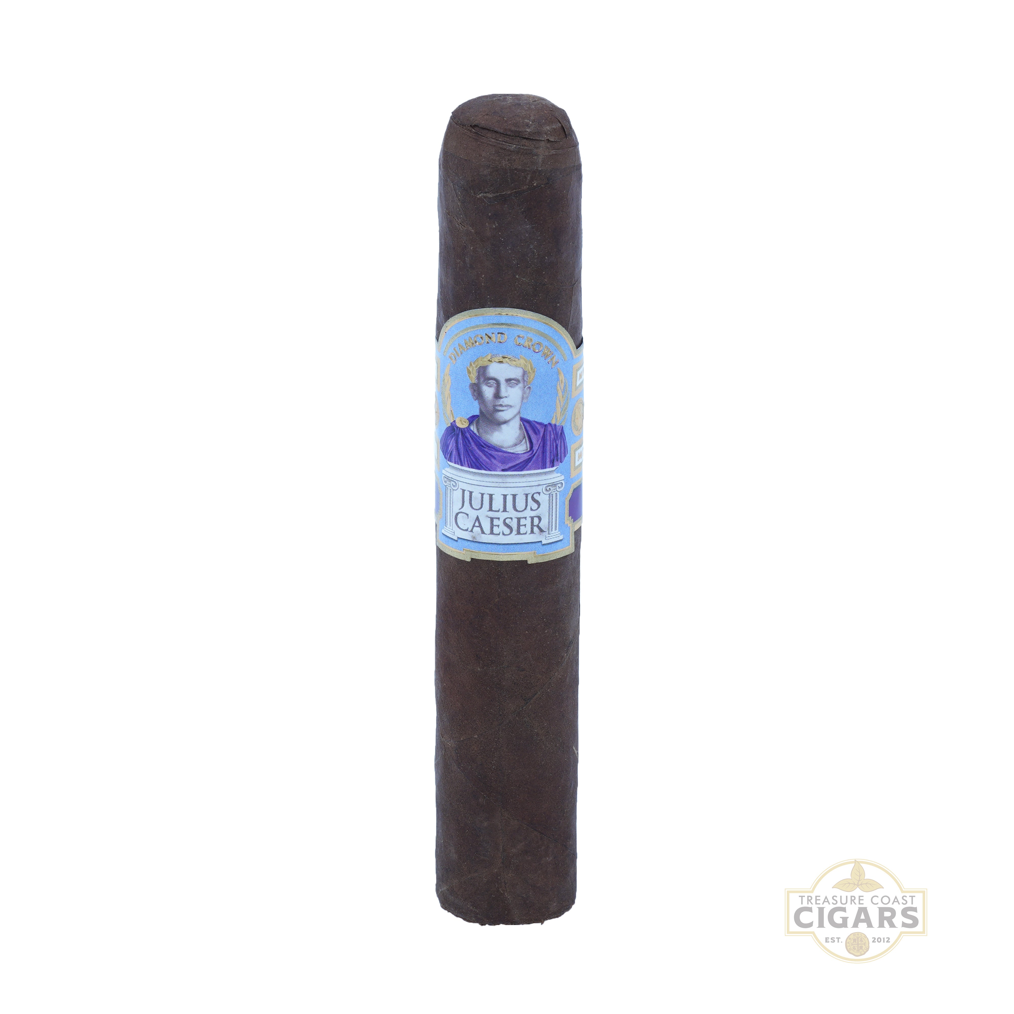 Cigar with a label featuring a portrait on a white background