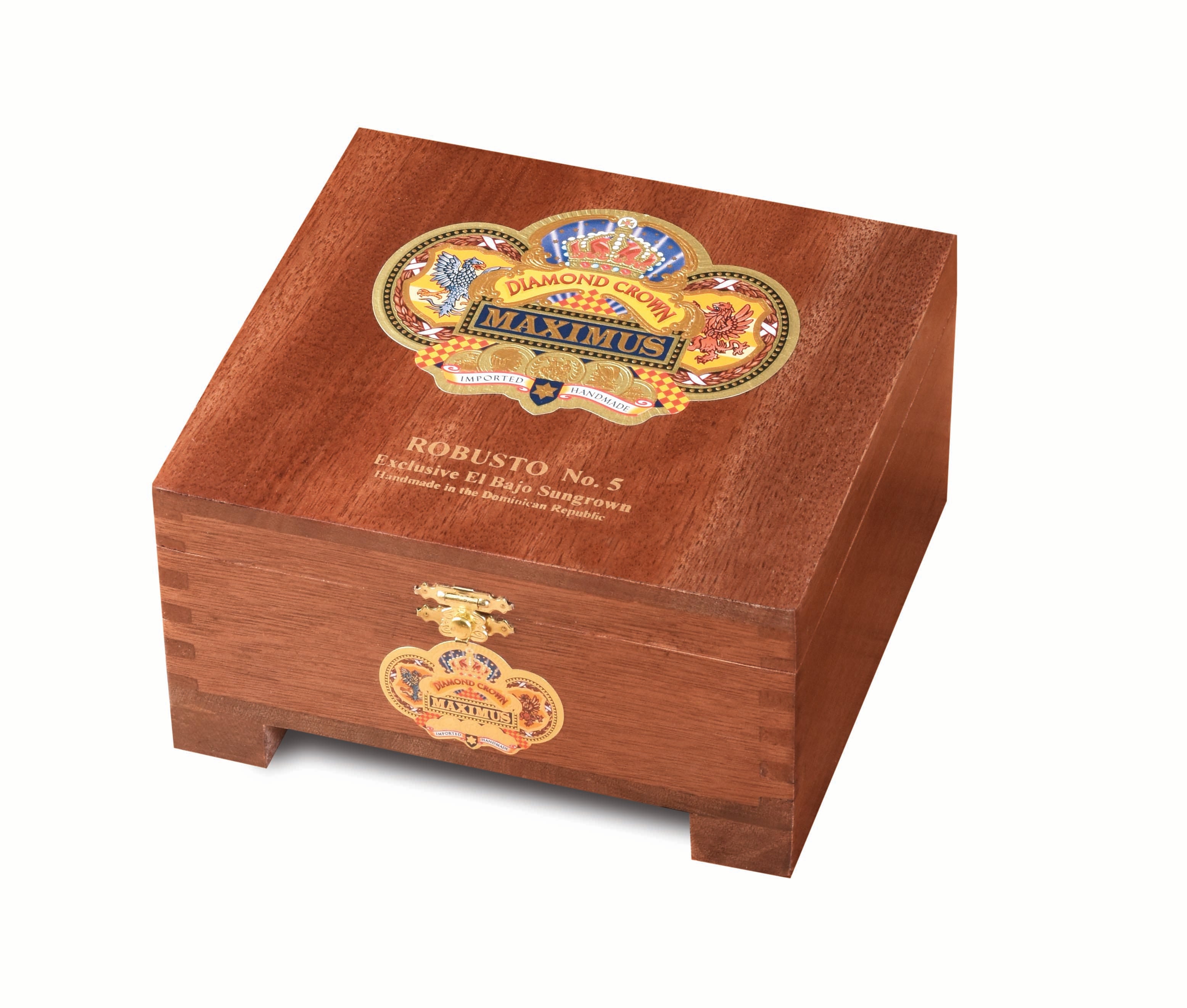 Diamond Crown Maximus No. 5 Wooden cigar box with decorative label on a white background
