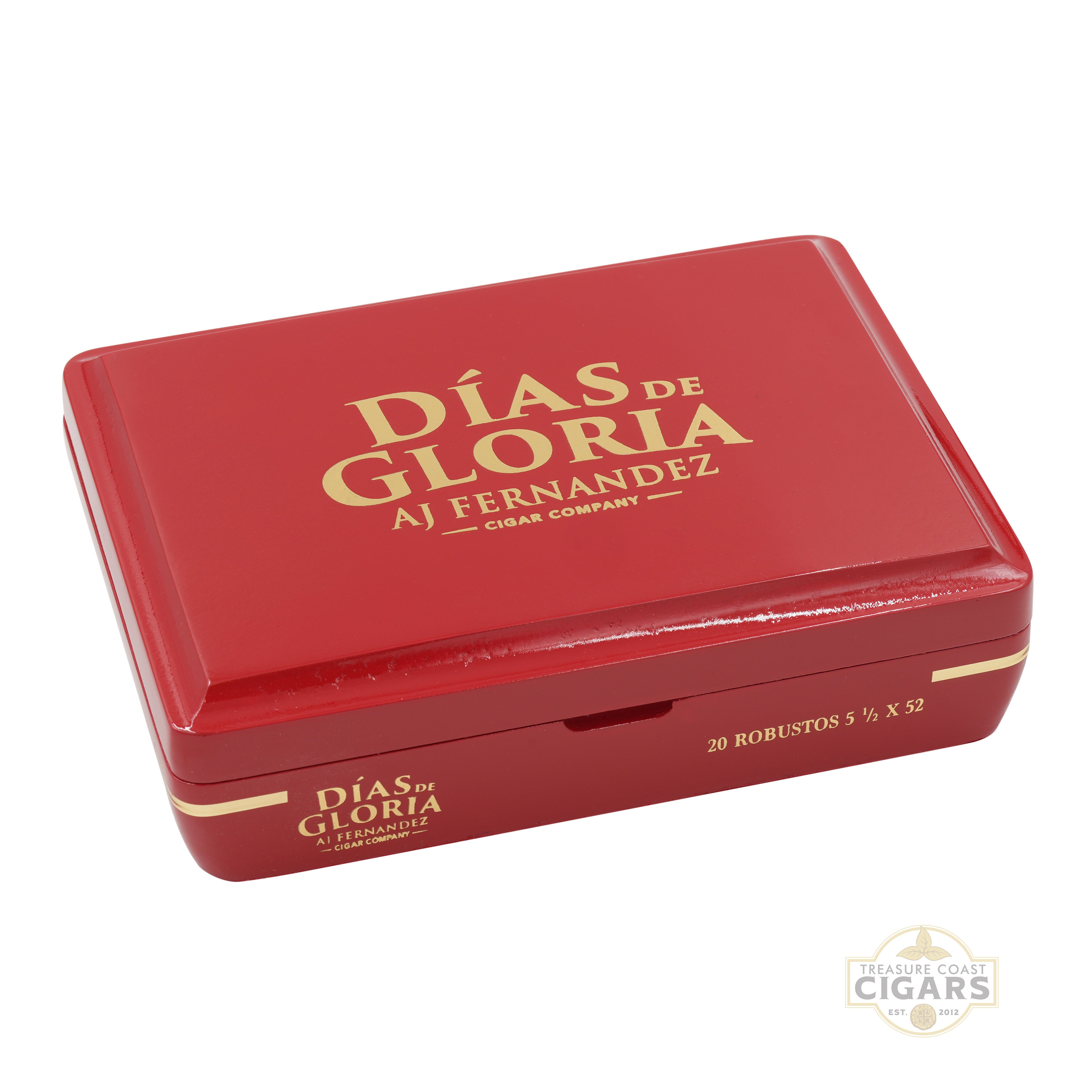 Red cigar box with 'Dias de Gloria' branding on a white background