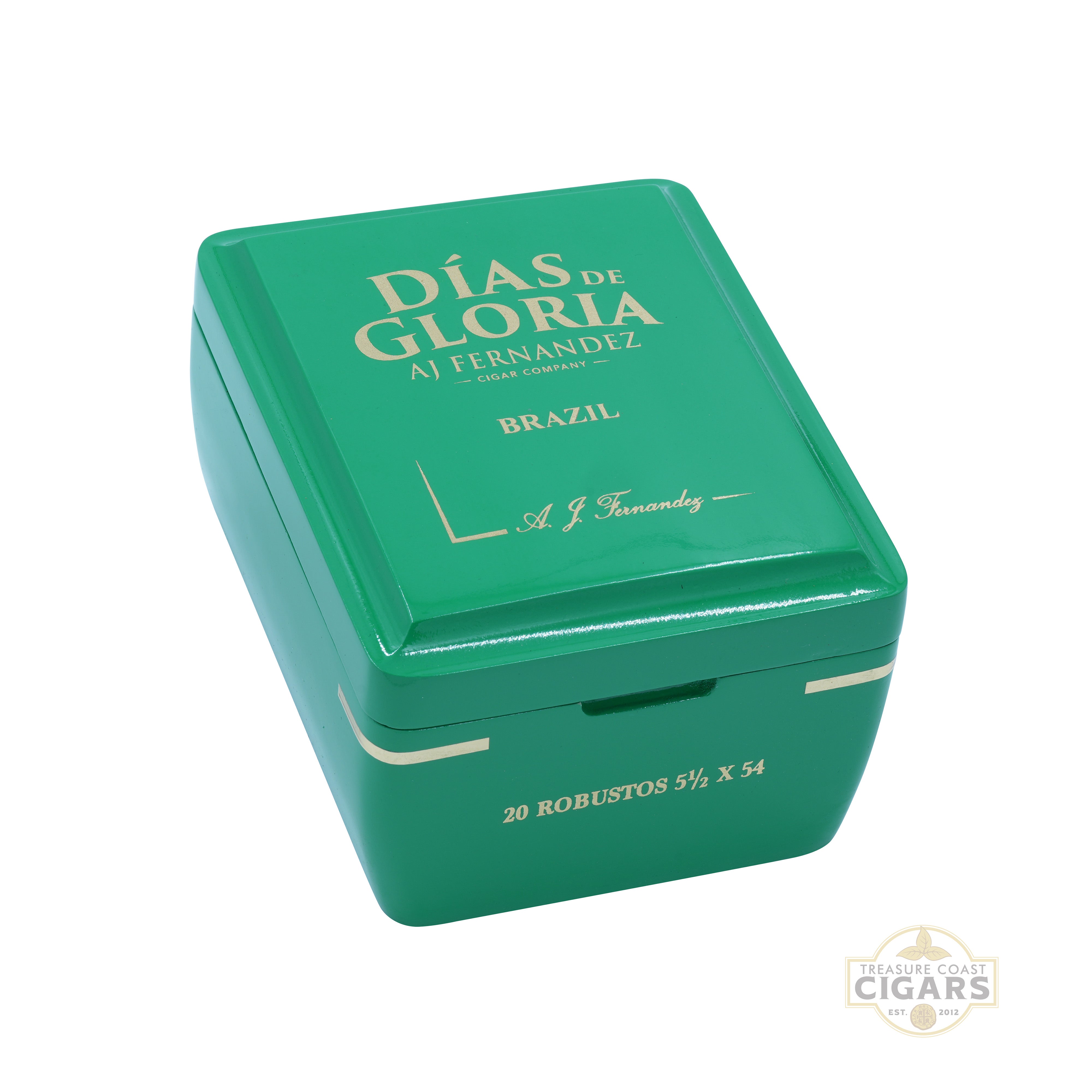Green cigar tin with 'Dias de Gloria' branding on a white background