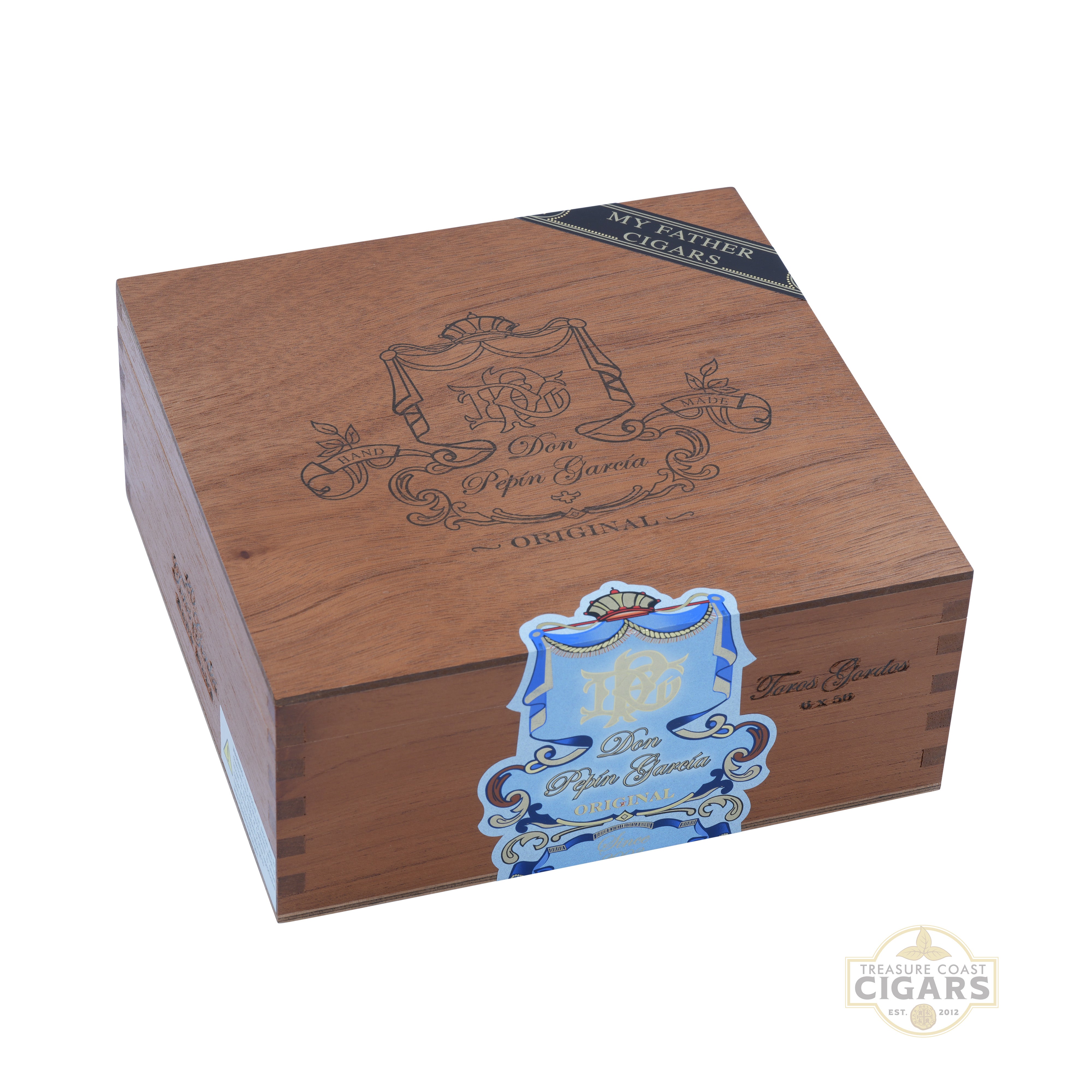 Wooden cigar box with decorative Don Pepin Garcia branding on a white background