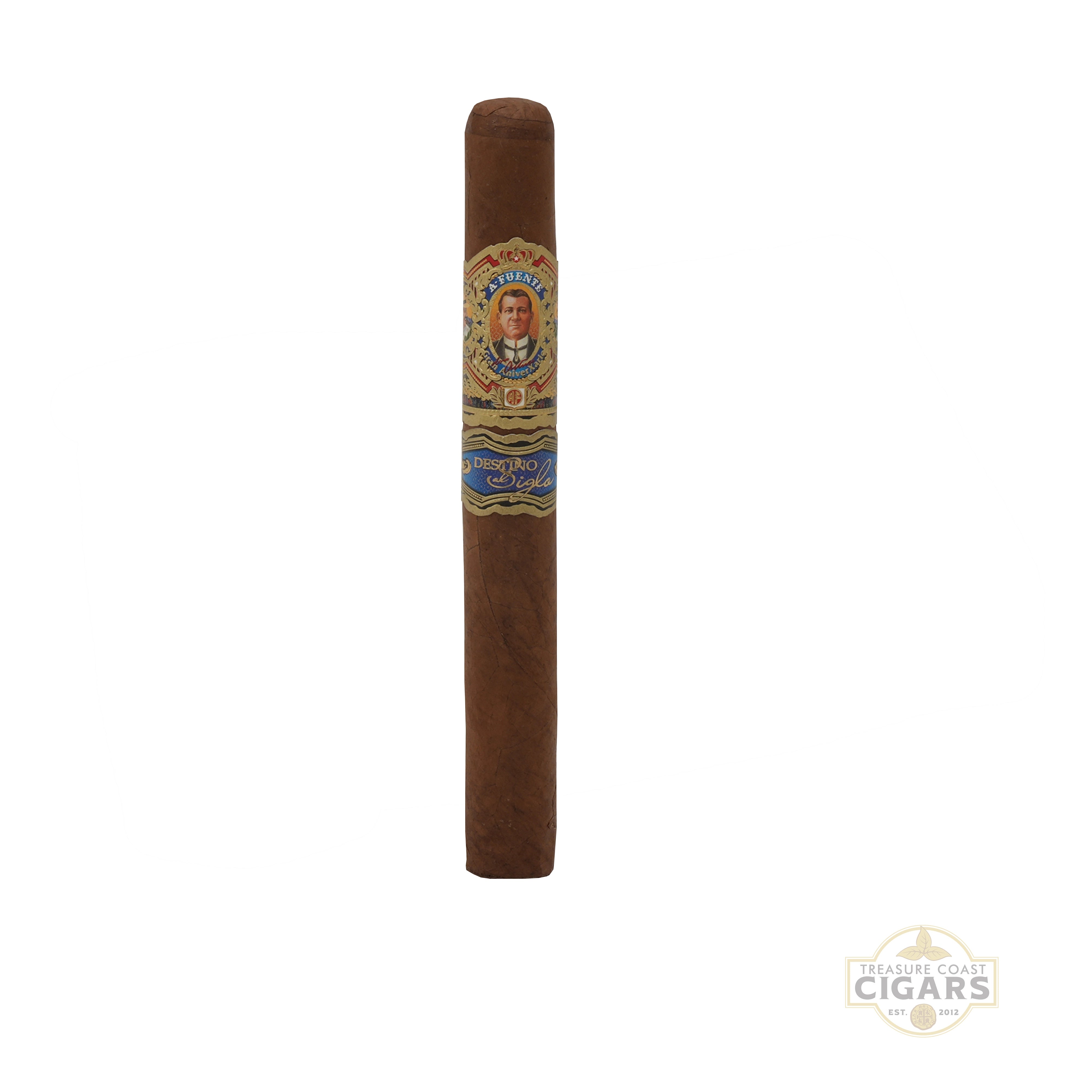 A single brown cigar with a gold, blue, and red band featuring a portrait of Simón Bolívar, shown vertically against a plain white background.
