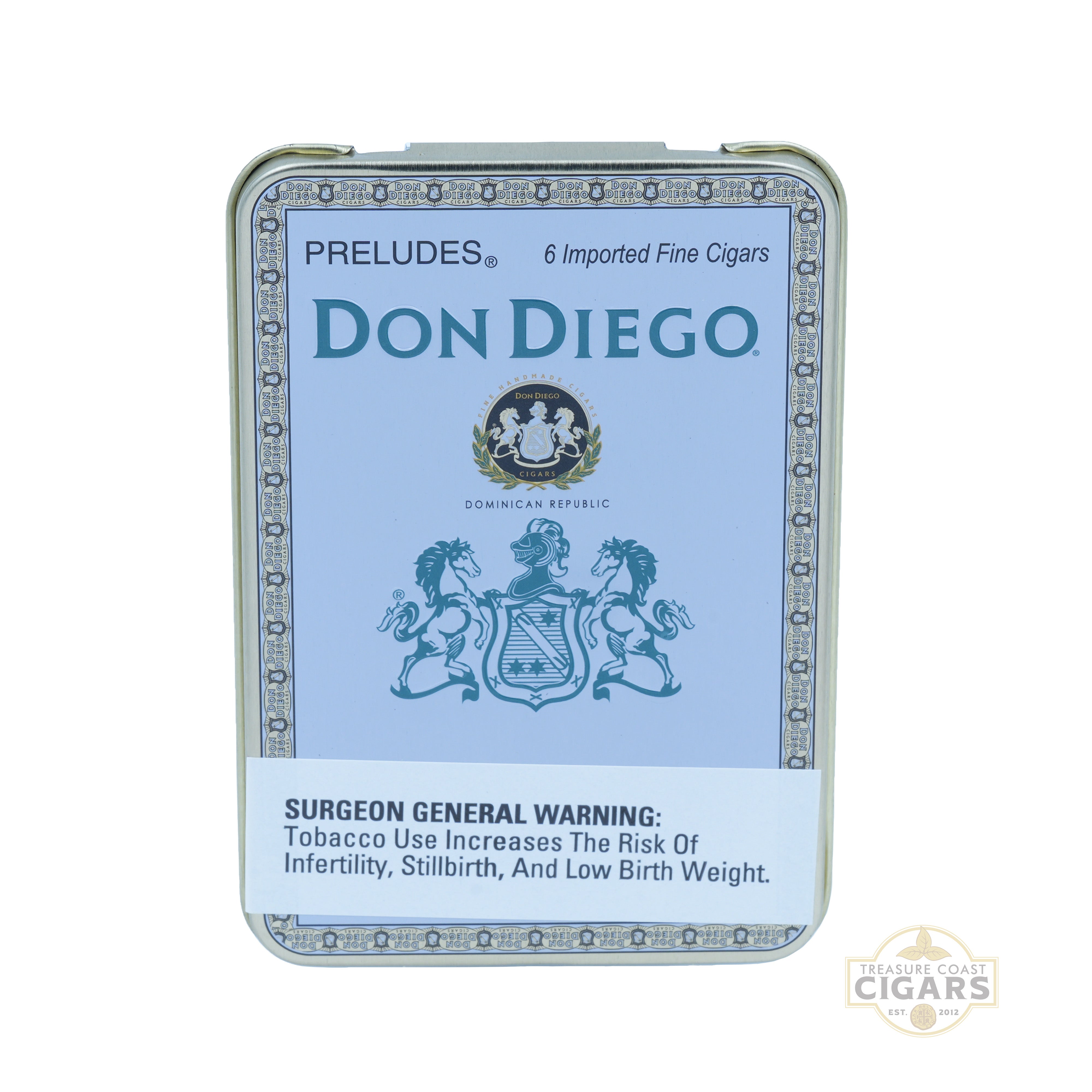 Don Diego cigar tin with blue label and silver border on a white background