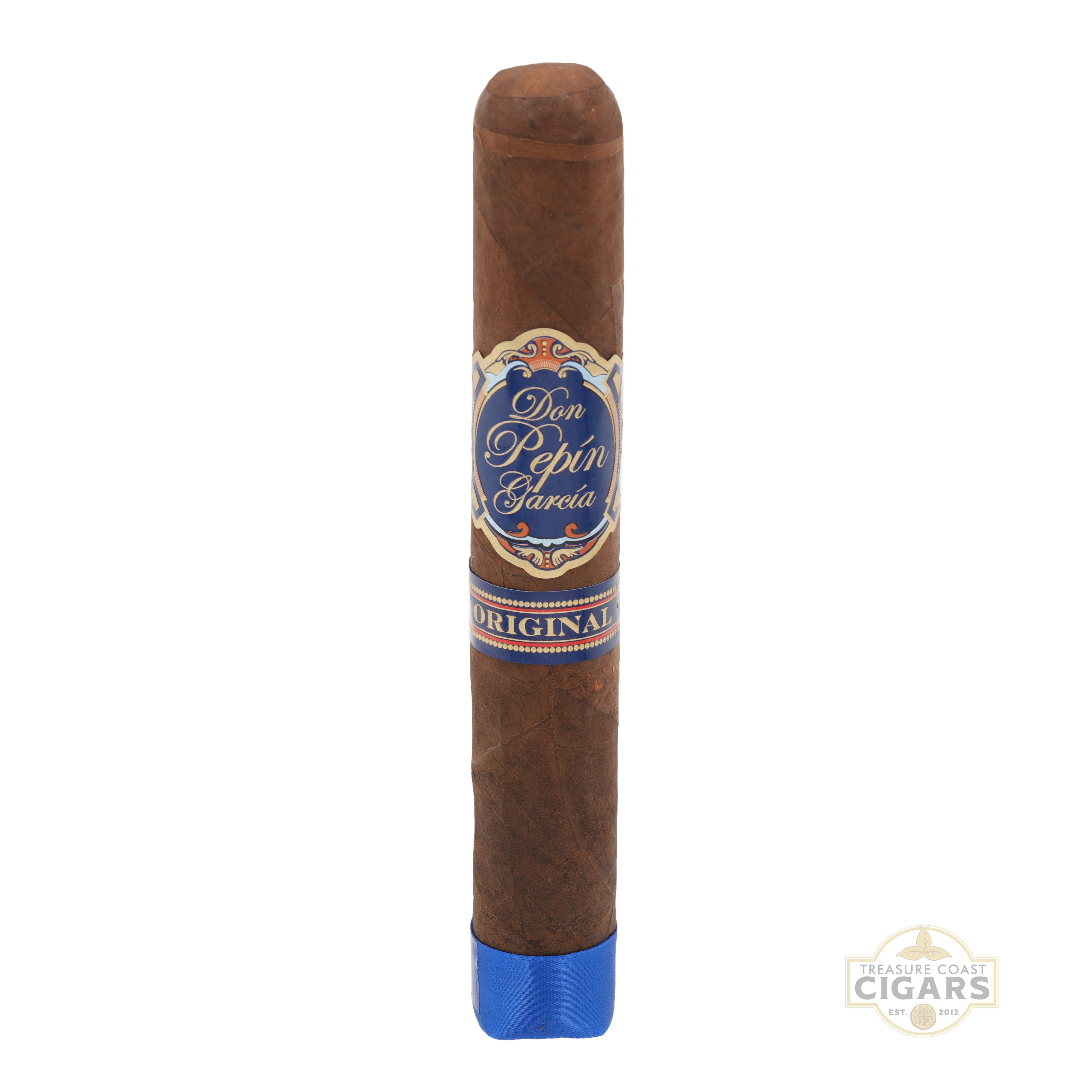 Cigar with a blue tip and Don Pepin Garcia label on a white background