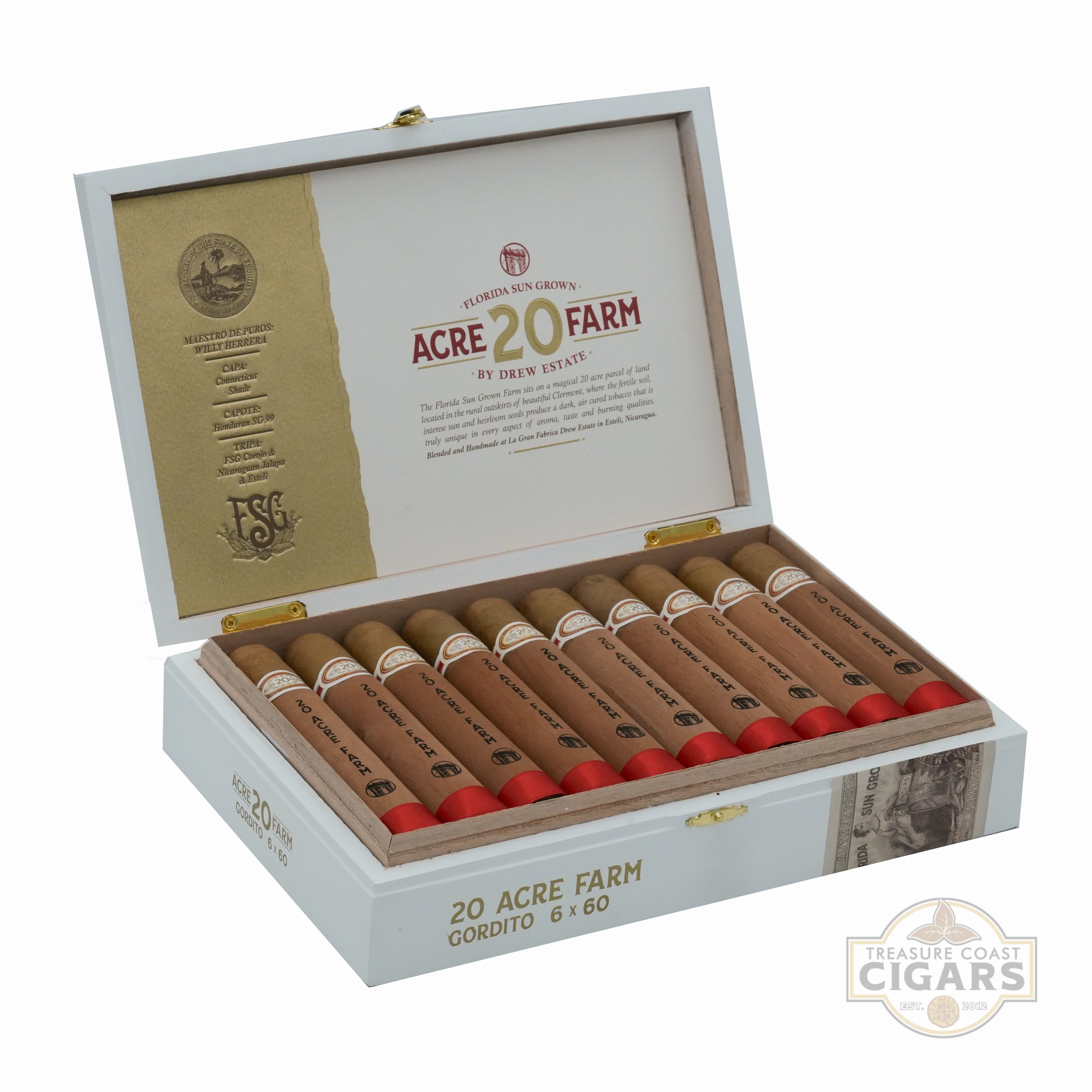 An open box of 20 Acre Farm Gordito cigars by Drew Estate. The box is white with a gold interior lid featuring the "Florida Sun Grown" logo, and text detailing the brand's history. Inside, the box contains neatly arranged cigars red and white bands displaying the 20 Acre Farm branding. The exterior of the box is labeled "20 Acre Farm Gordito" and include a watermark for Treasure Coast Cigars.
