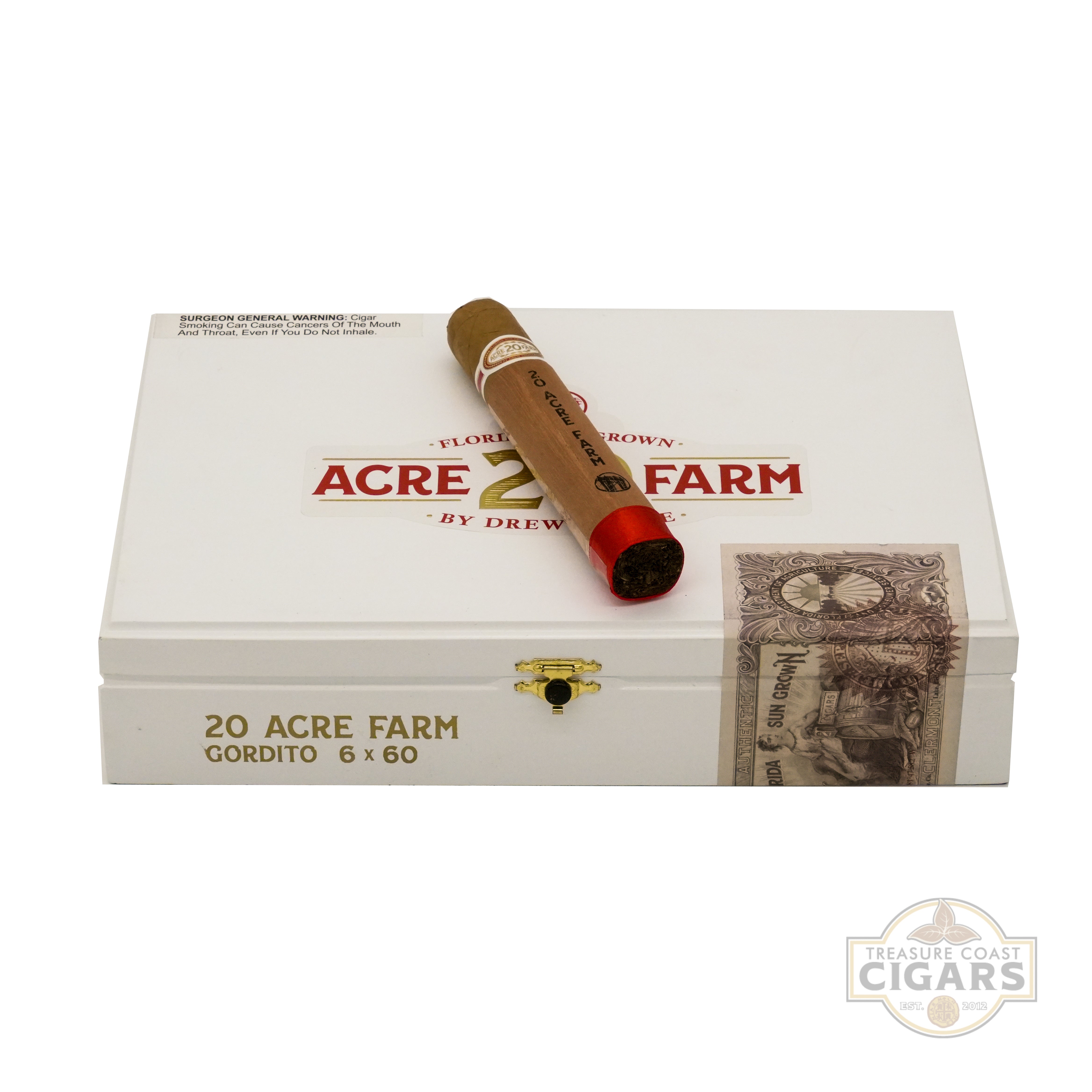 Cigar on a '20 Acre Farm' by Drew Estate packaging with a white background