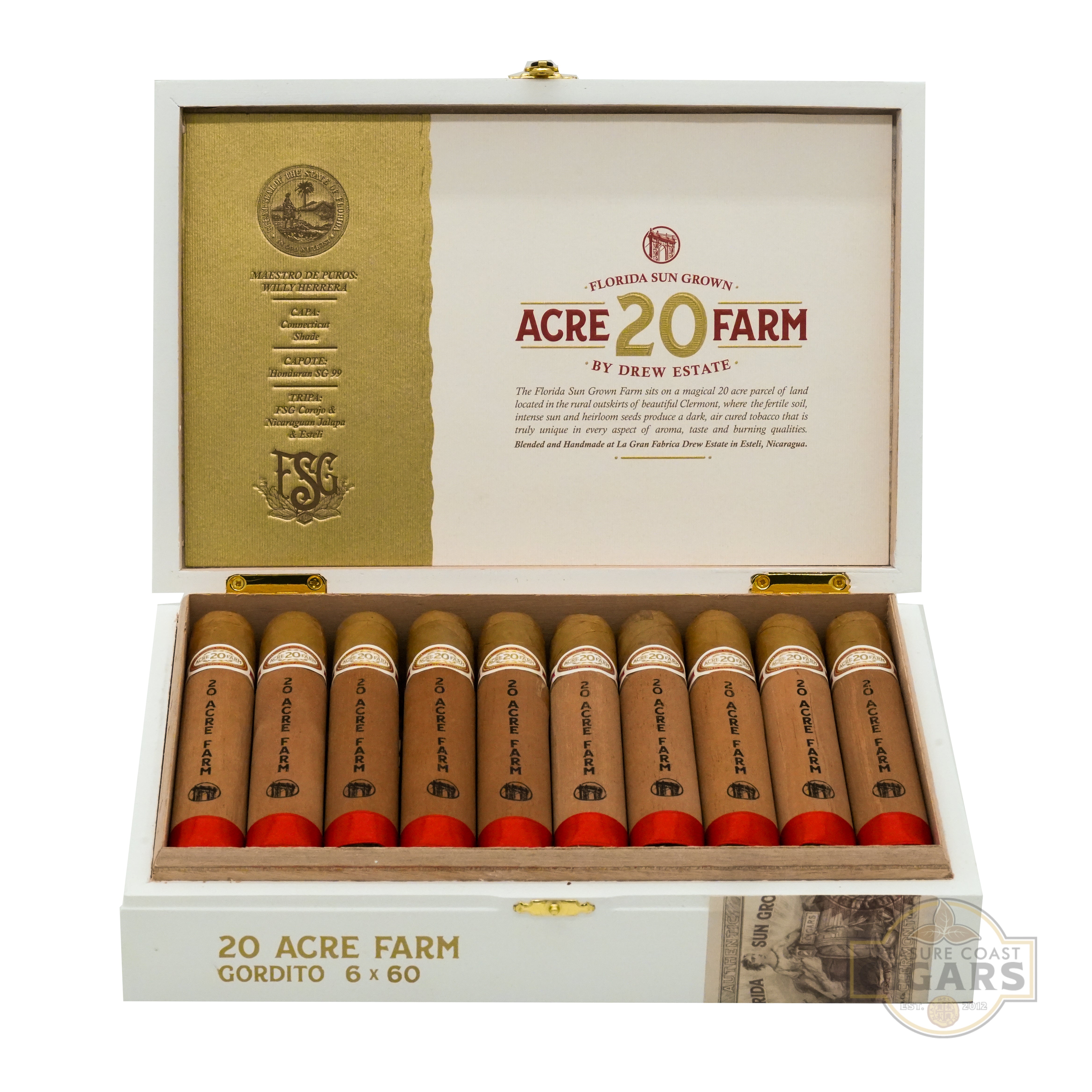 Open box of Acre 20 Farm cigars with cigars inside on a white background