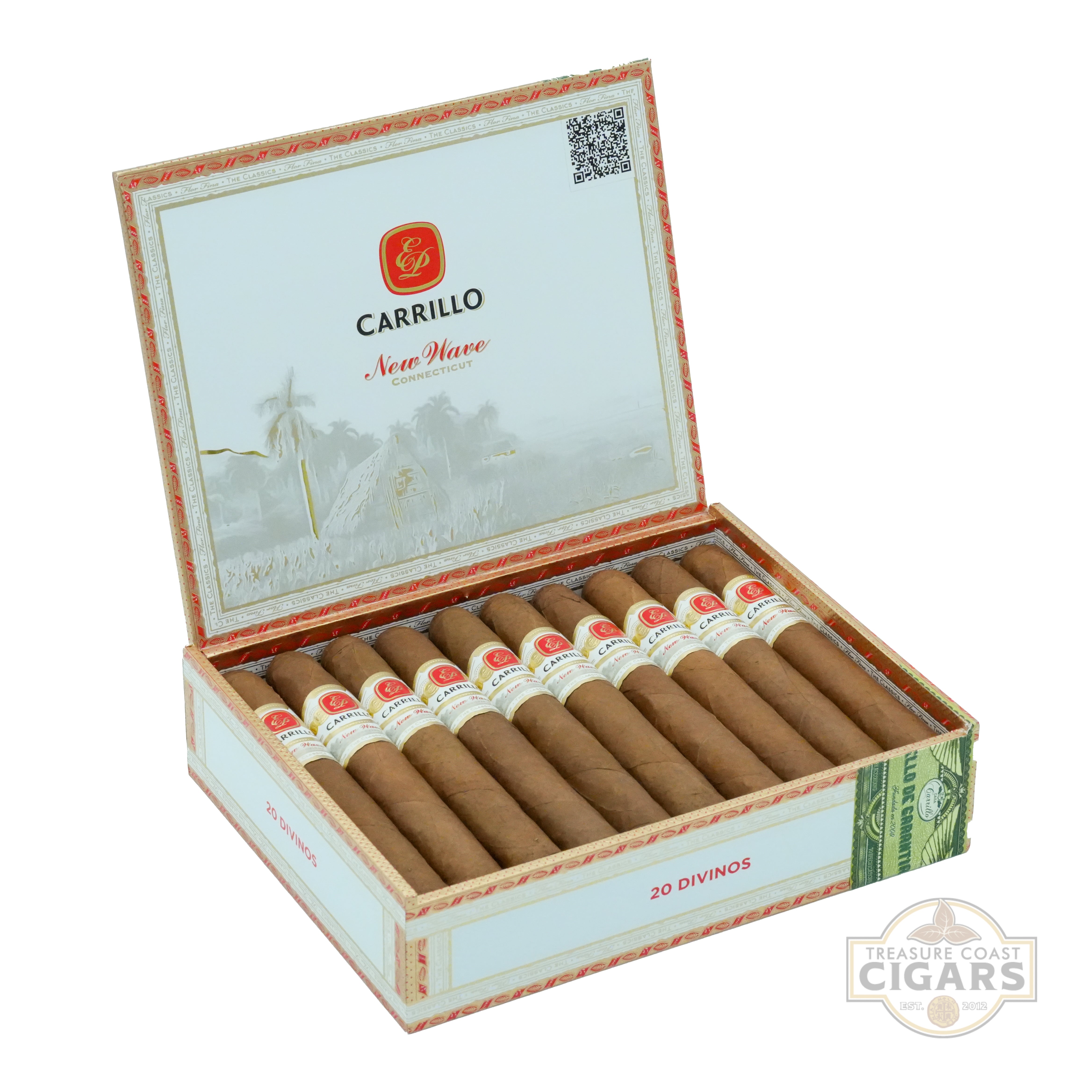 Open box of Carrillo New Wave cigars with visible branding on a white background