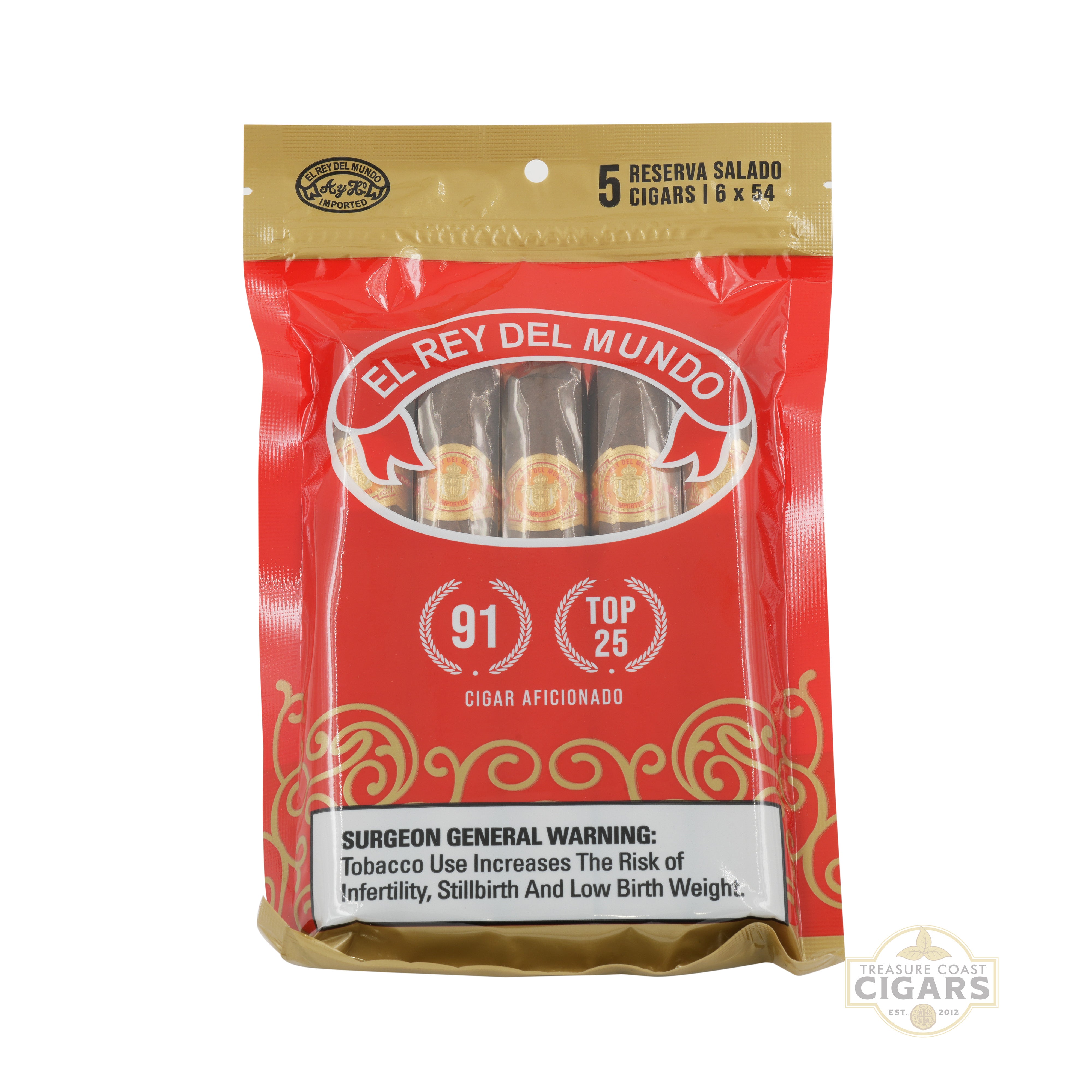Pack of El Rey del Mundo cigars with red and gold packaging on a white background