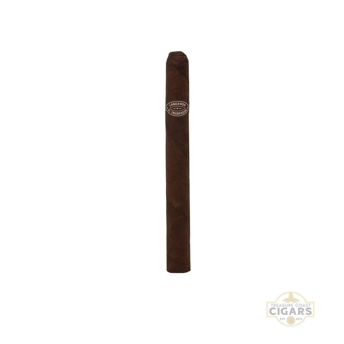 A single dark brown cigar shown vertically against a plain white background, with a small circular logo near the upper-middle section. A 'Treasure Coast Cigars' watermark is visible in the bottom right corner.