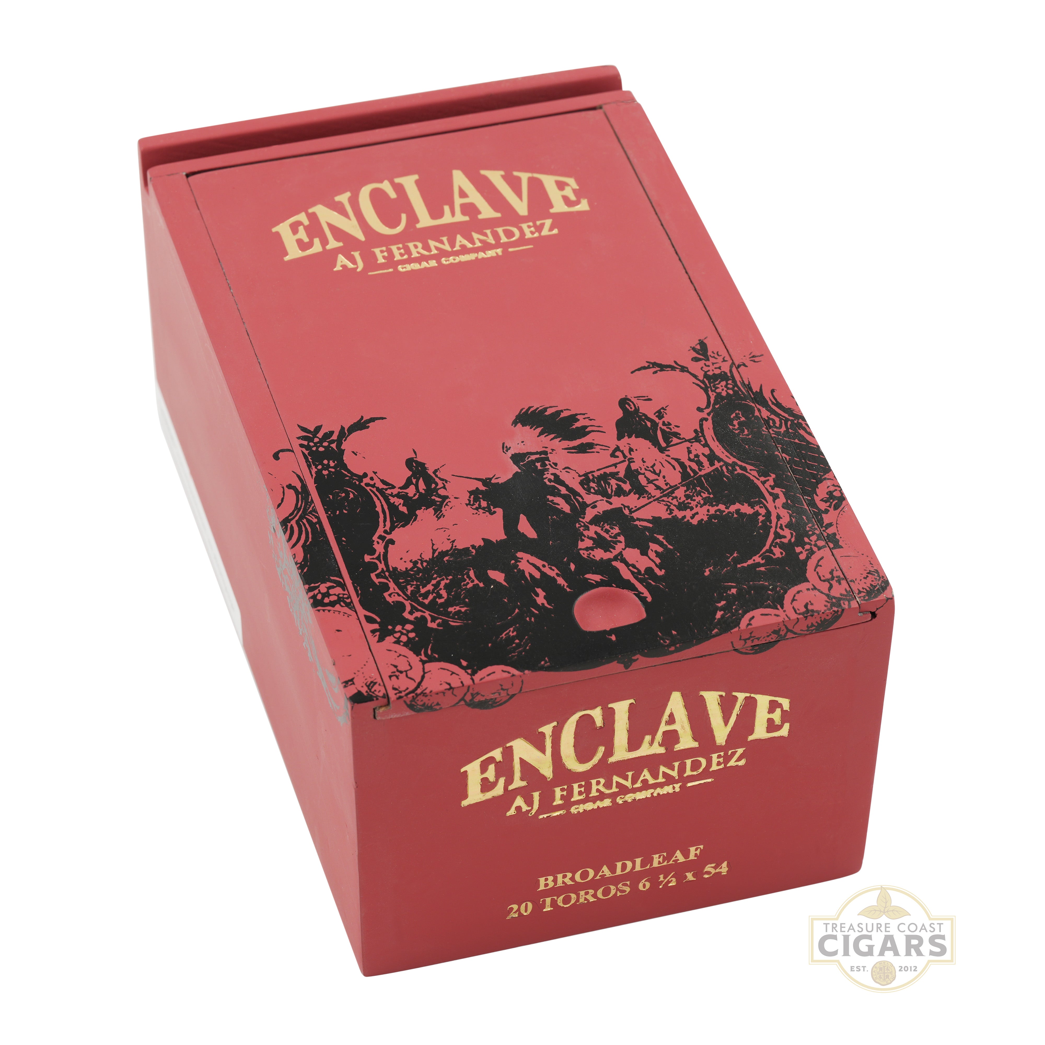 Red box of Enclave AJ Fernandez cigars with black artwork on a white background