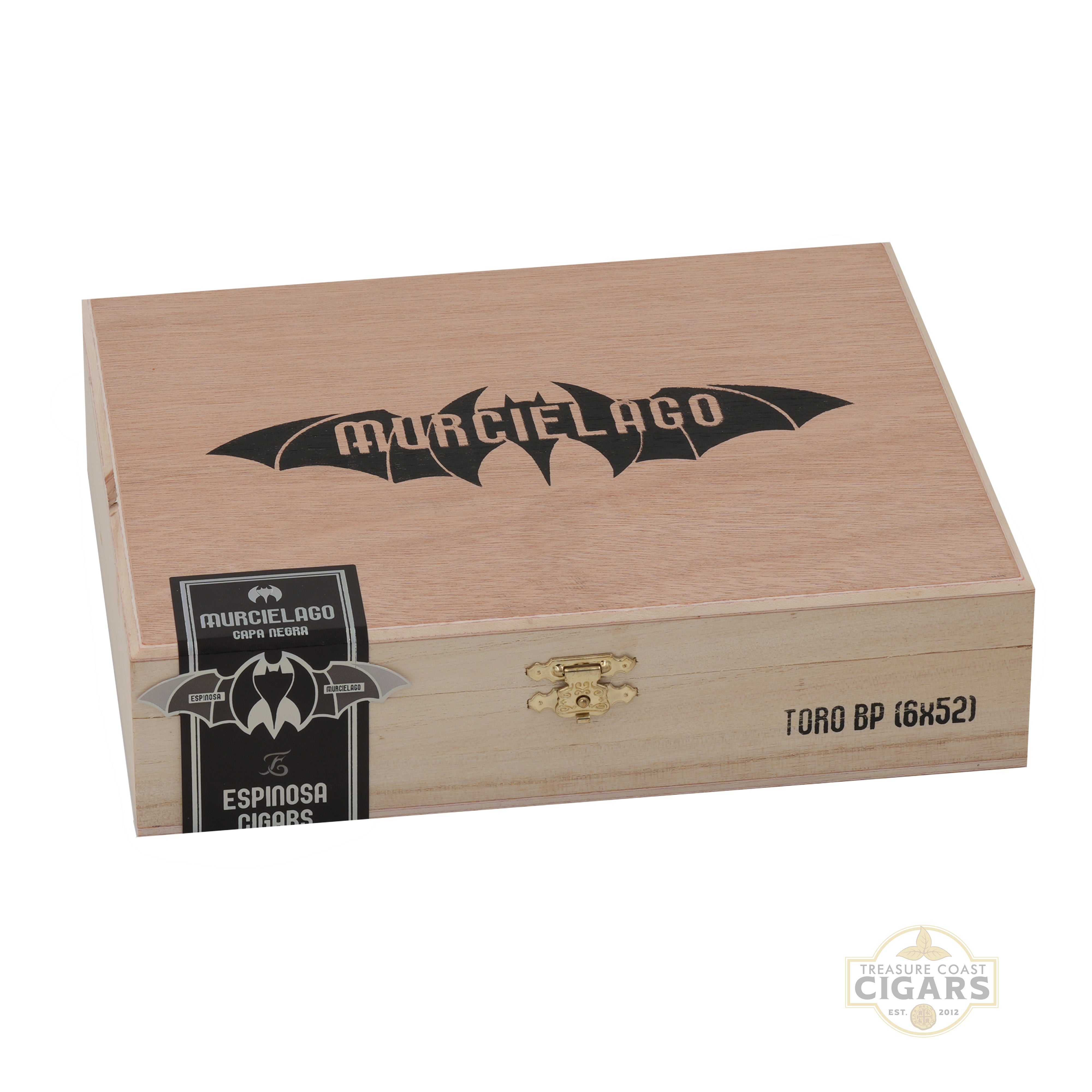 A closed box of Murcielago Toro by Espinosa cigars on a white background