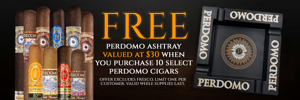Promotional banner for Perdomo cigars featuring a row of assorted cigars on the left, large gold text reading 'FREE' in the center, and a black Perdomo ashtray on the right with offer details.