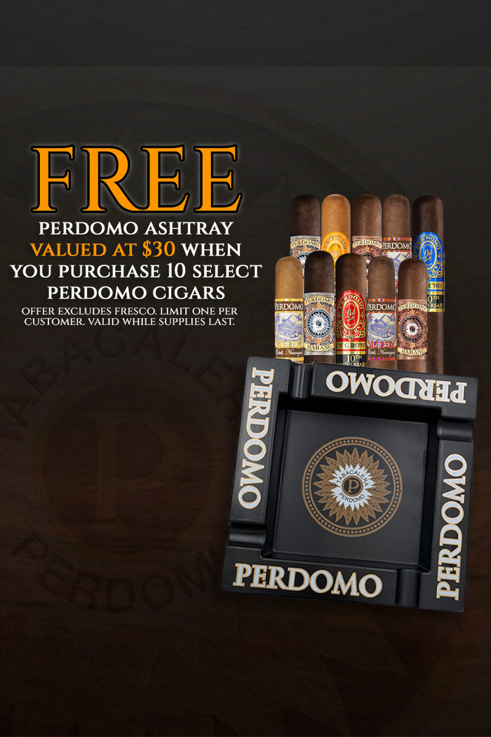 A promotional product image for Perdomo cigars showing a black Perdomo cigar ashtray with several cigars standing behind it, plus large marketing text on the left offering a free ashtray valued at $30 when ten select Perdomo cigars are purchased.